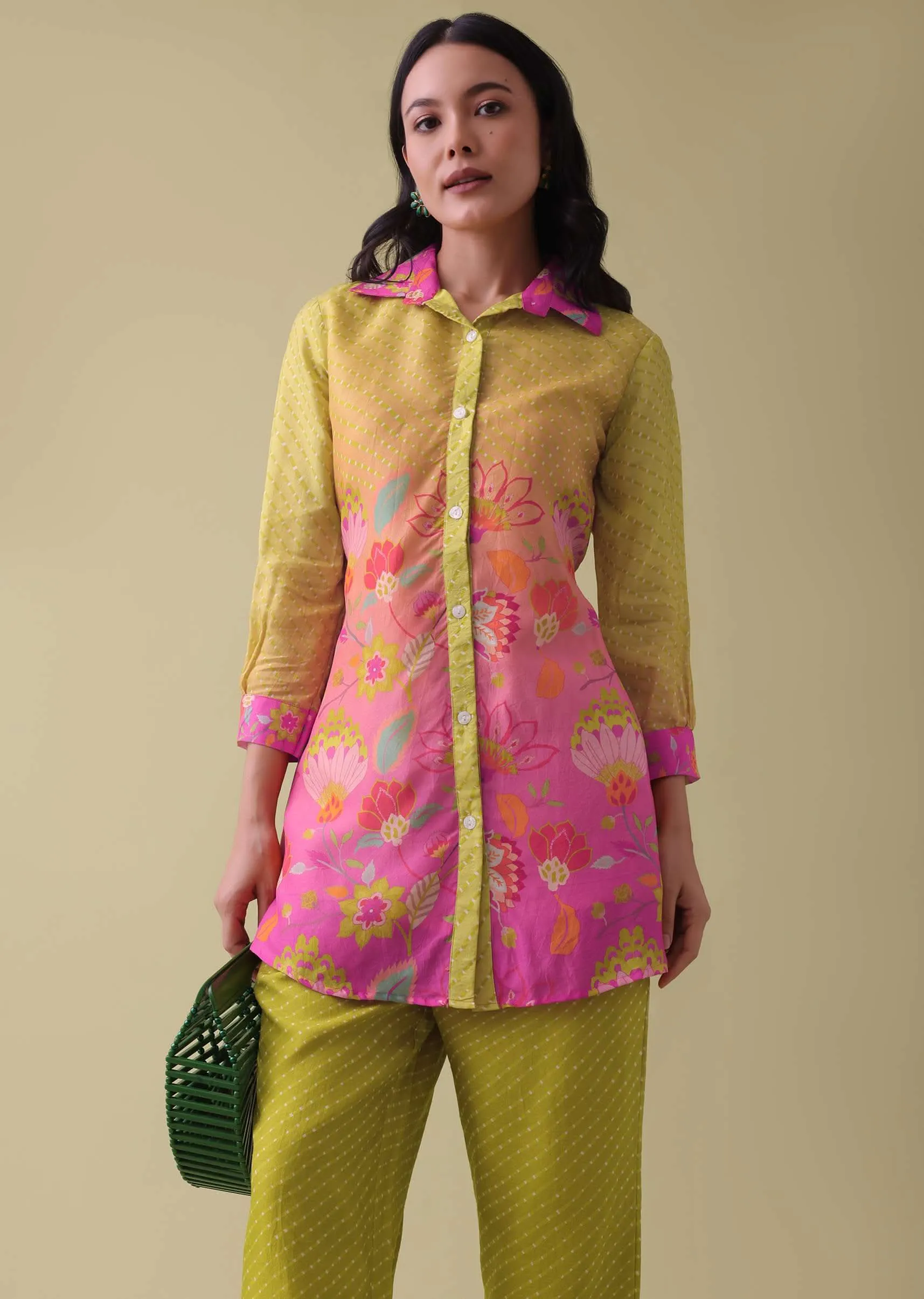 Lemon Yellow Floral Printed Co-ord Set In Tussar - RE By Kalki