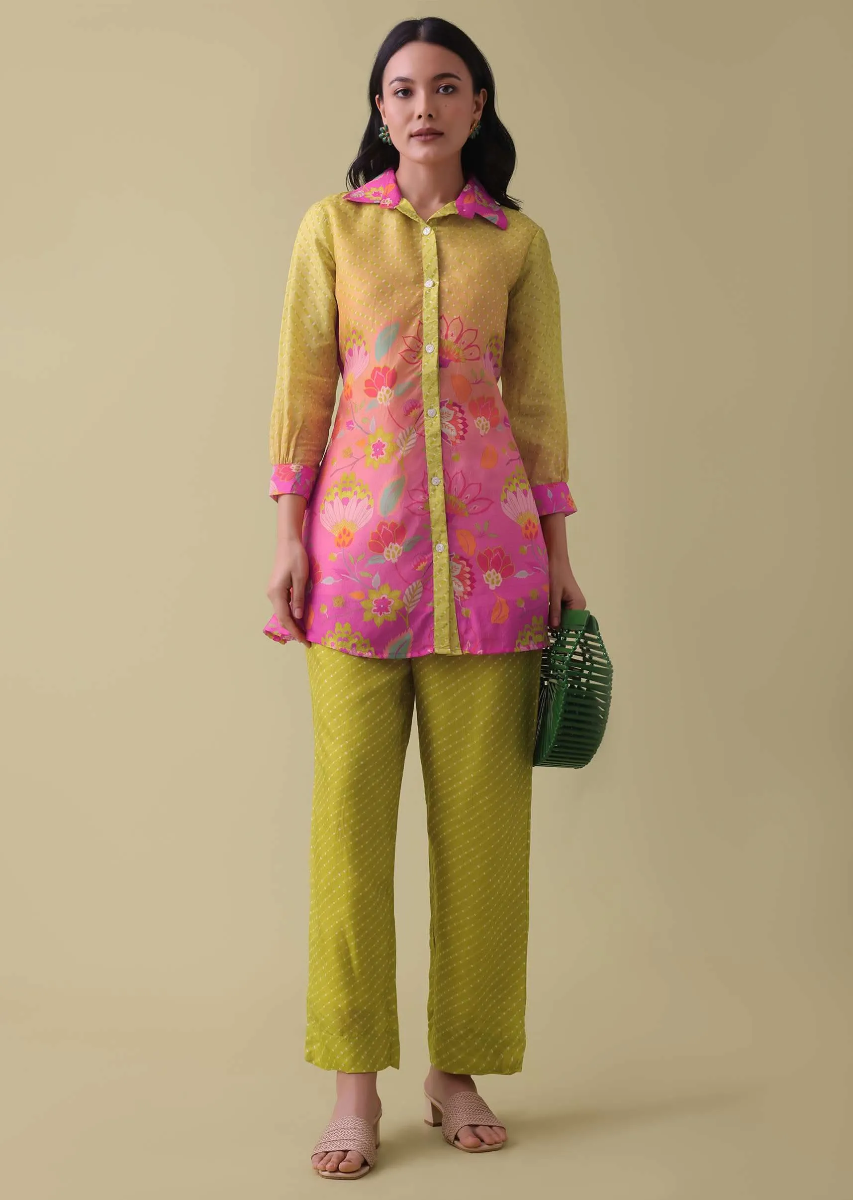 Lemon Yellow Floral Printed Co-ord Set In Tussar - RE By Kalki