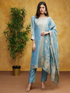 Light Blue Embellished Chanderi Silk Pants Set