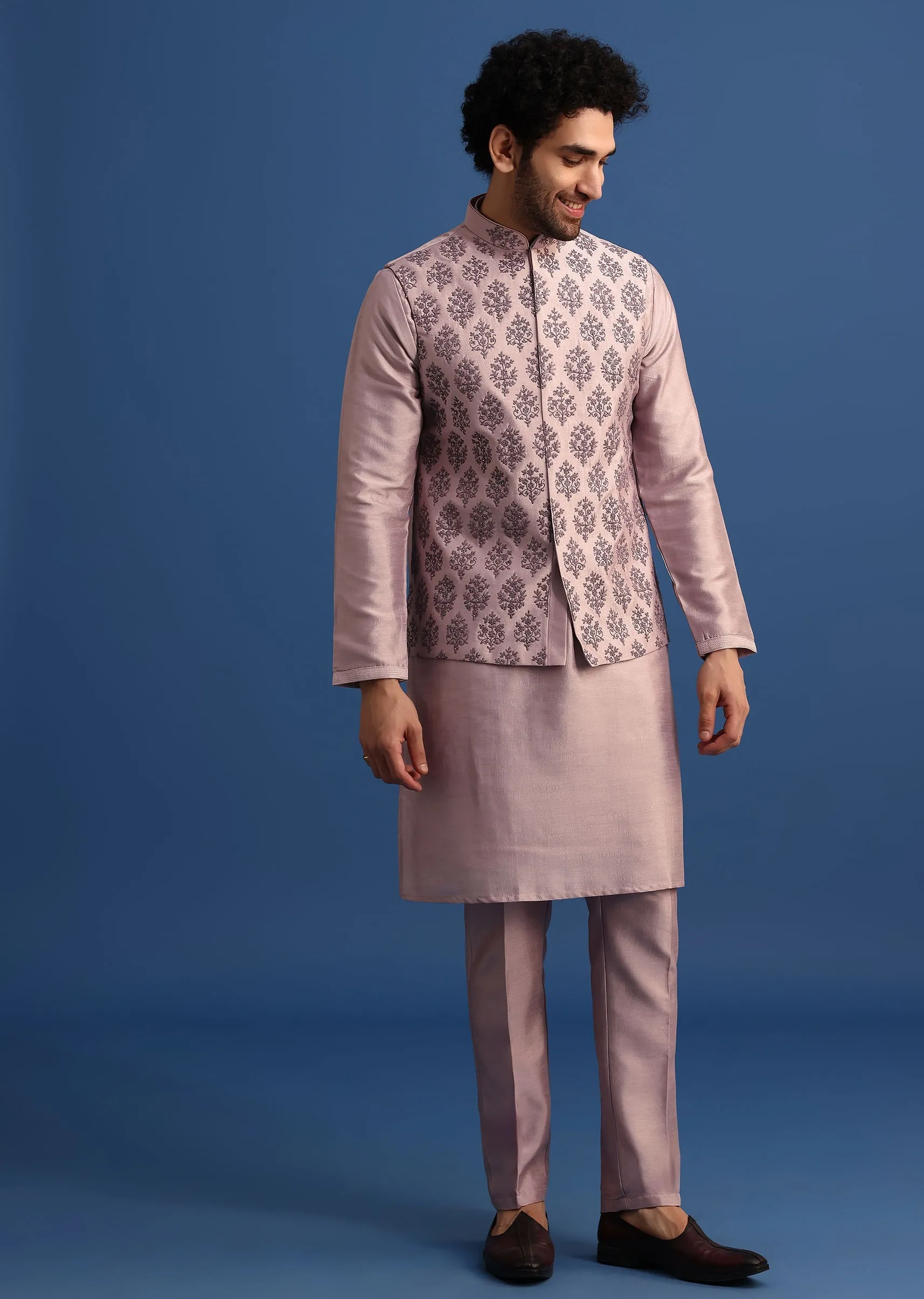 Lilac Kurta Set With Dori And Stone Embroidered Jacket