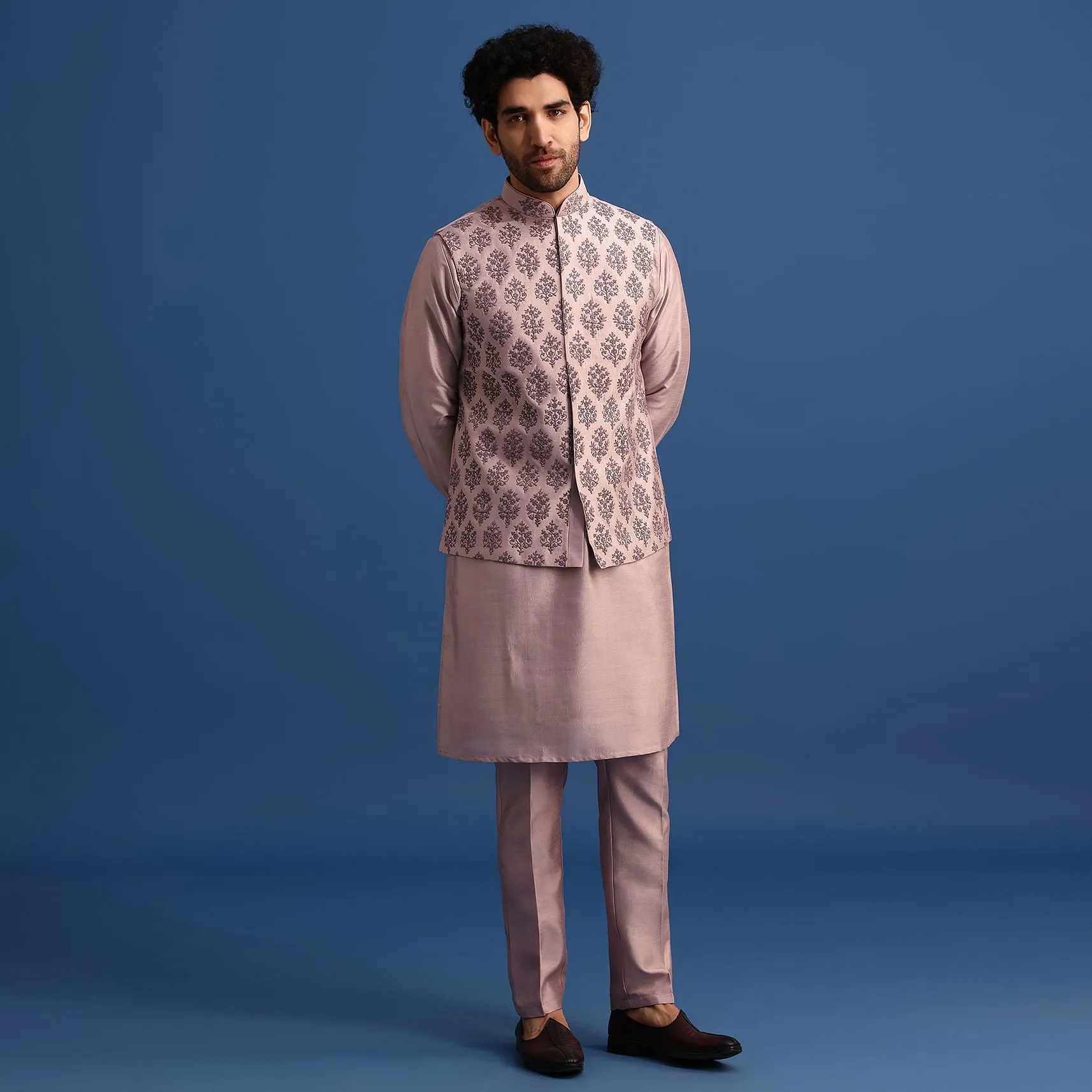 Lilac Kurta Set With Dori And Stone Embroidered Jacket