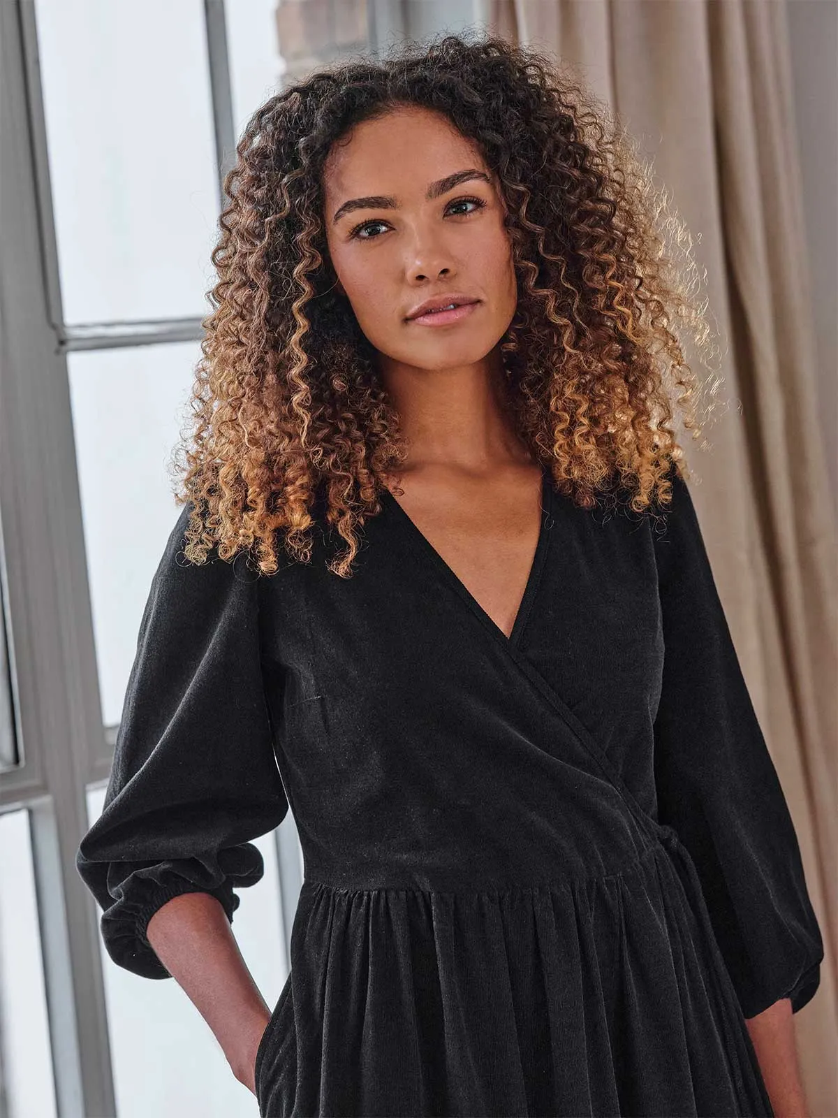 Milou Organic Cotton Corduroy Wrap Dress - Black