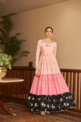 Peach & Pink & Black Metallic Foilage Print Georgette Anarkali Long Gown Semi Stitched