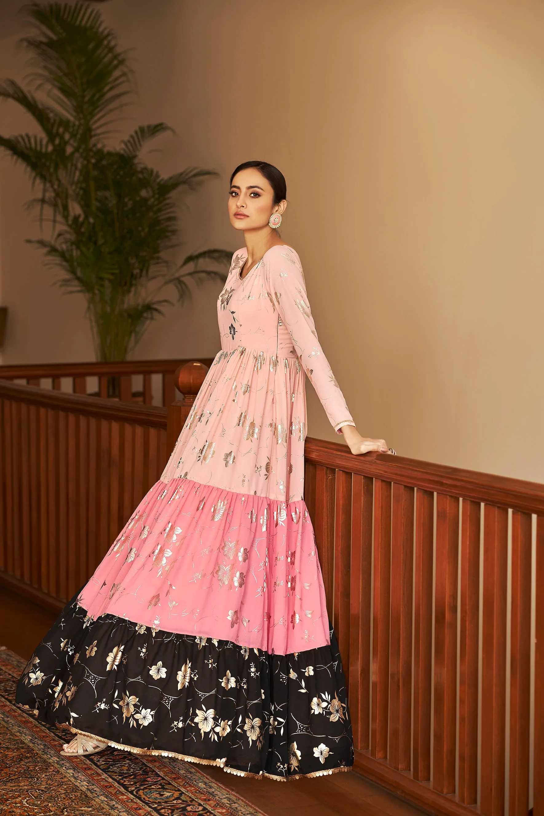 Peach & Pink & Black Metallic Foilage Print Georgette Anarkali Long Gown Semi Stitched