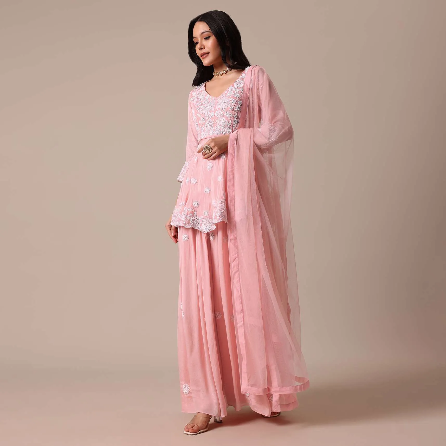 Peach Hand Embroidered Peplum Top And Palazzo Set