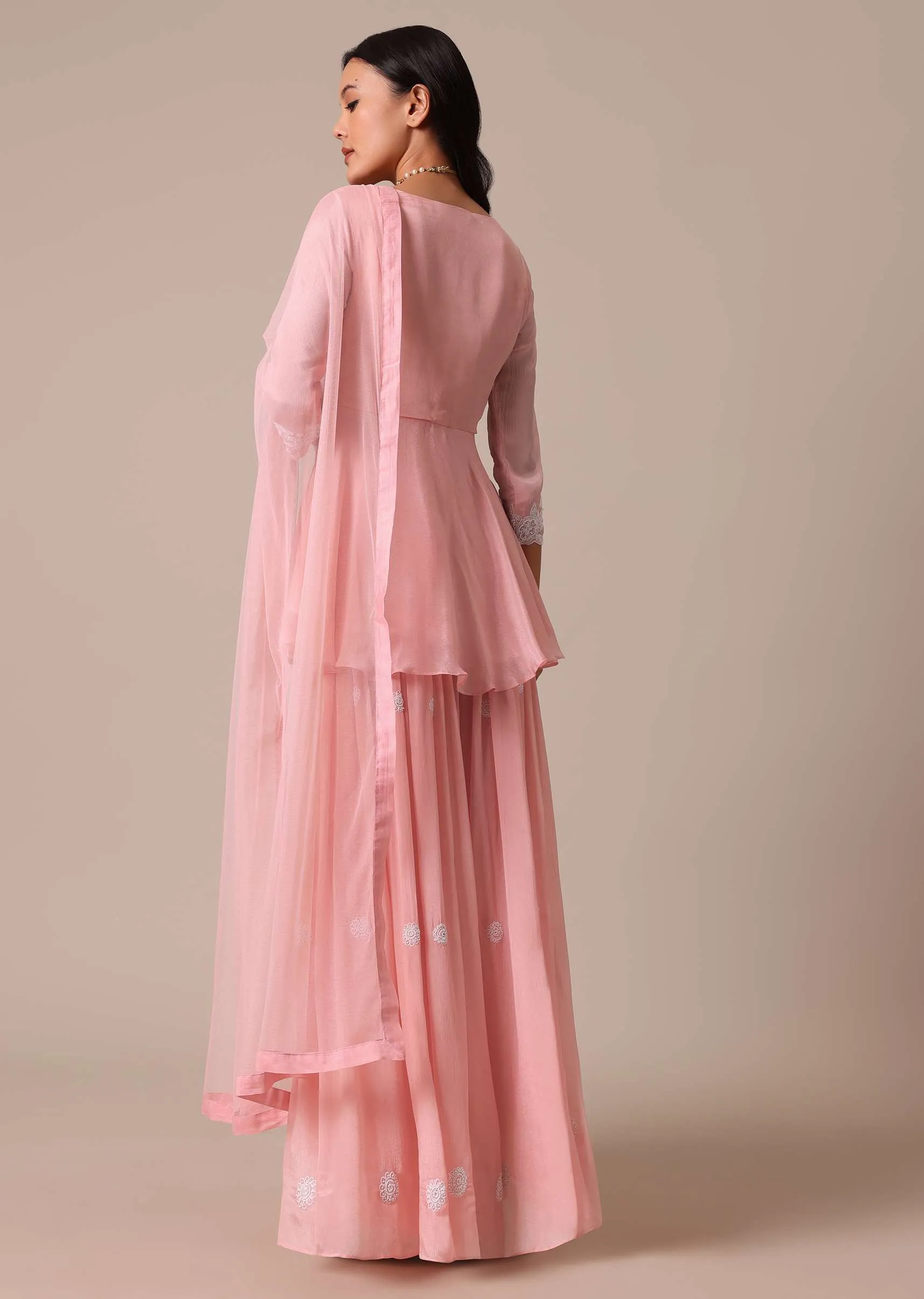 Peach Hand Embroidered Peplum Top And Palazzo Set