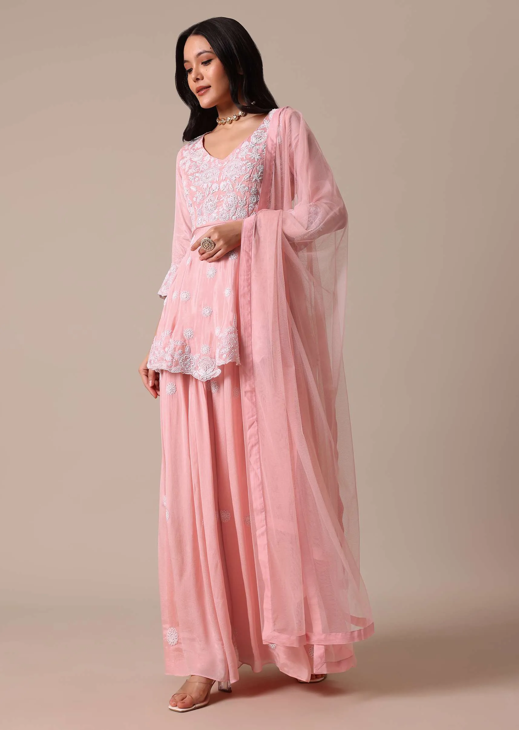 Peach Hand Embroidered Peplum Top And Palazzo Set
