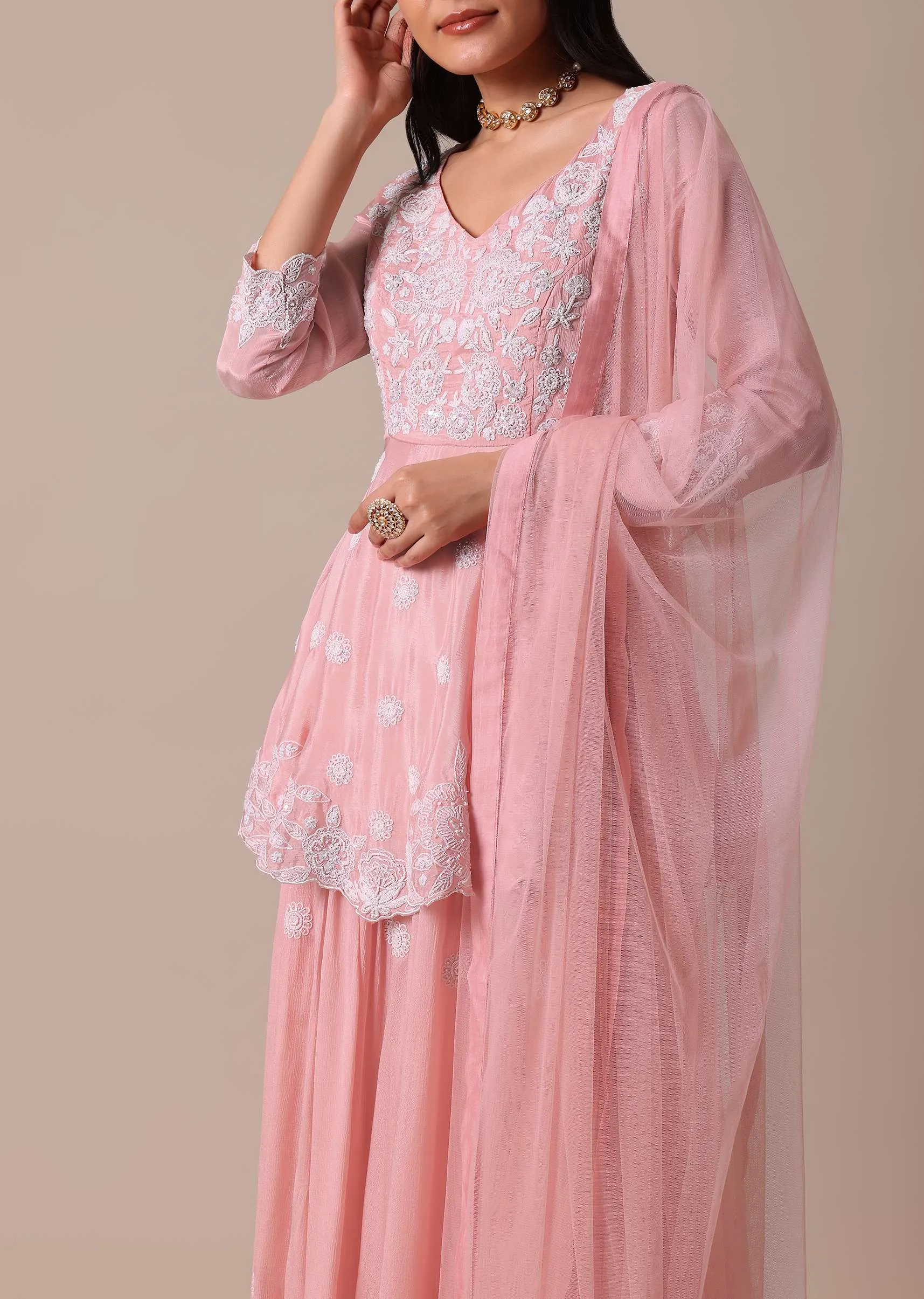Peach Hand Embroidered Peplum Top And Palazzo Set