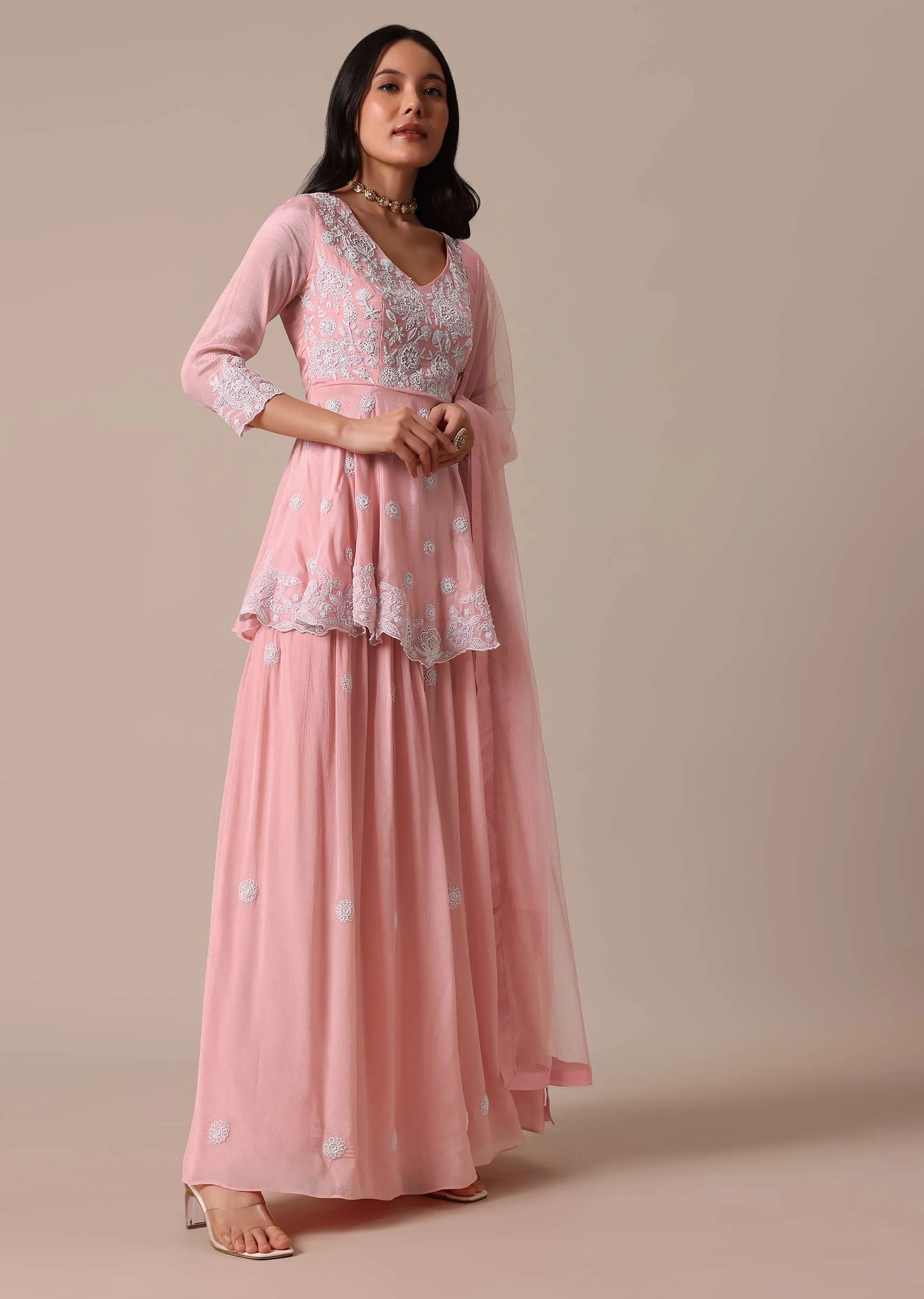 Peach Hand Embroidered Peplum Top And Palazzo Set