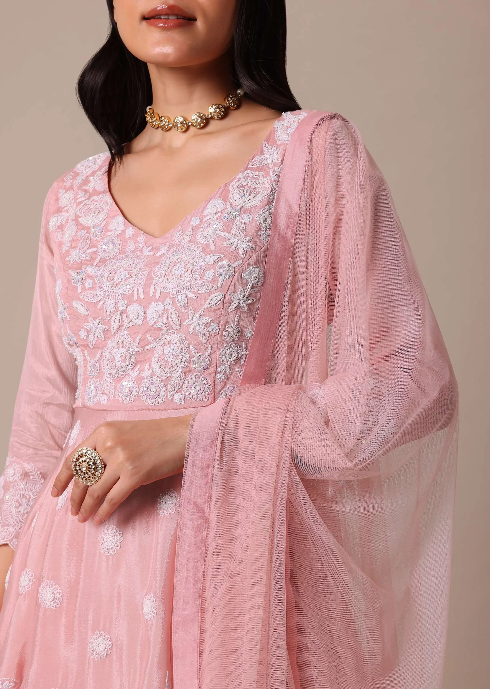 Peach Hand Embroidered Peplum Top And Palazzo Set