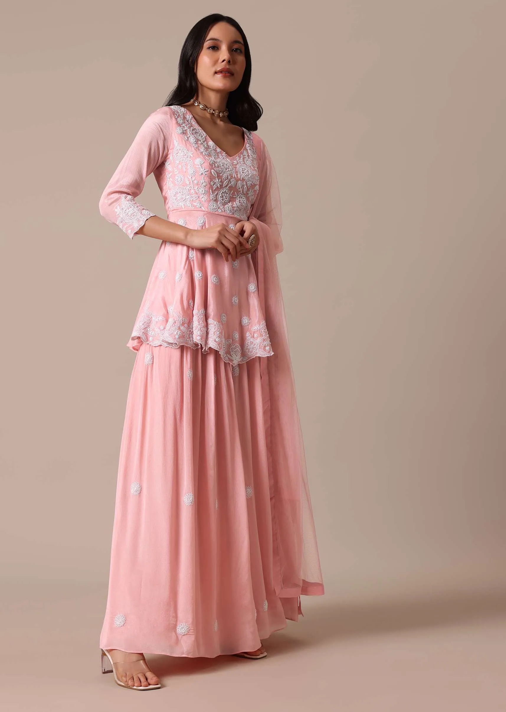 Peach Hand Embroidered Peplum Top And Palazzo Set