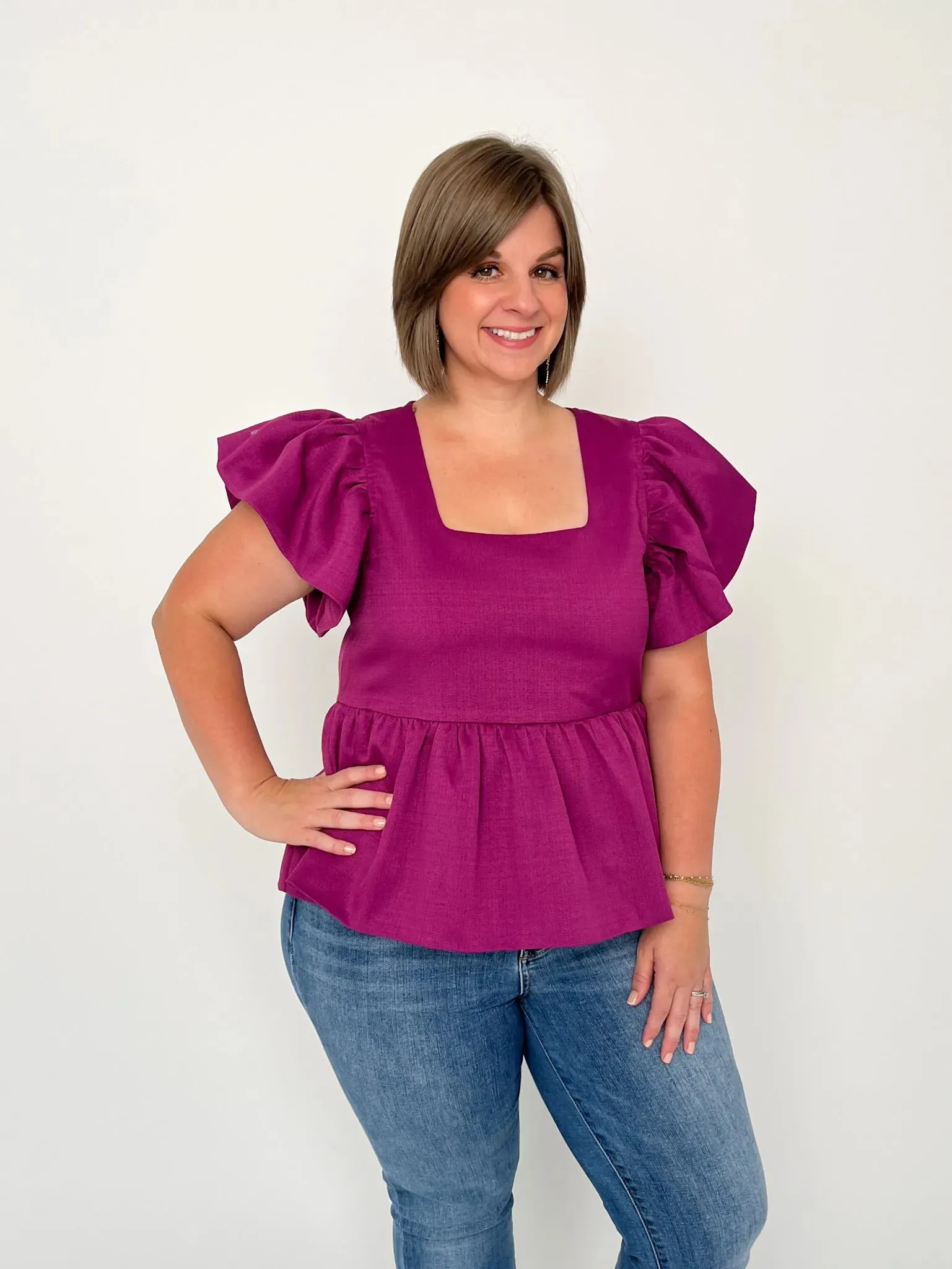 Plum Square Neck Peplum Top