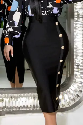 Plus Size Black Daily Skinny Button Design Bodycon Skirts