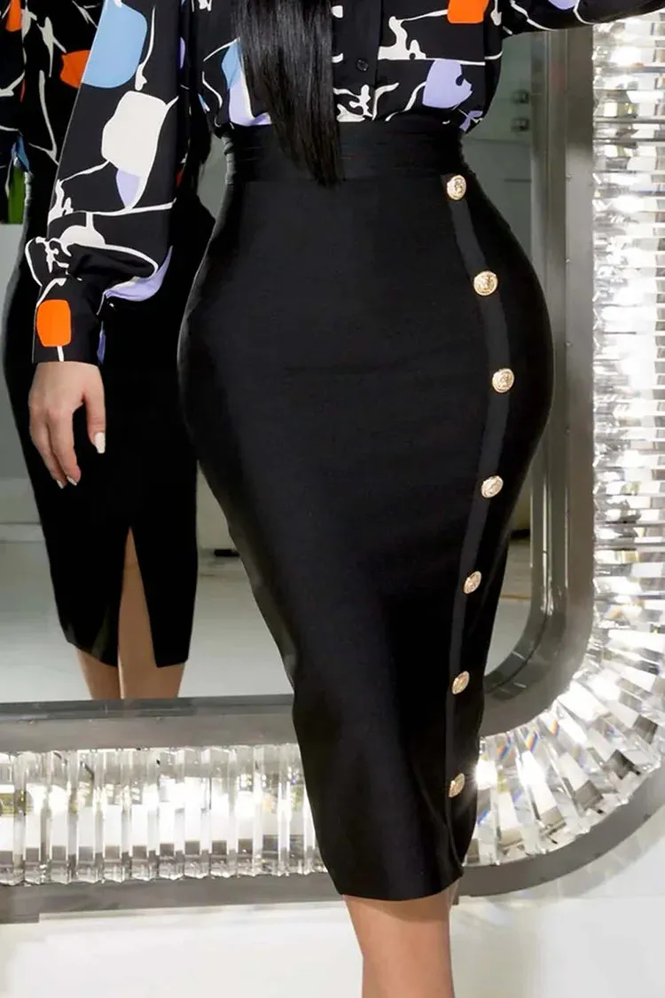 Plus Size Black Daily Skinny Button Design Bodycon Skirts