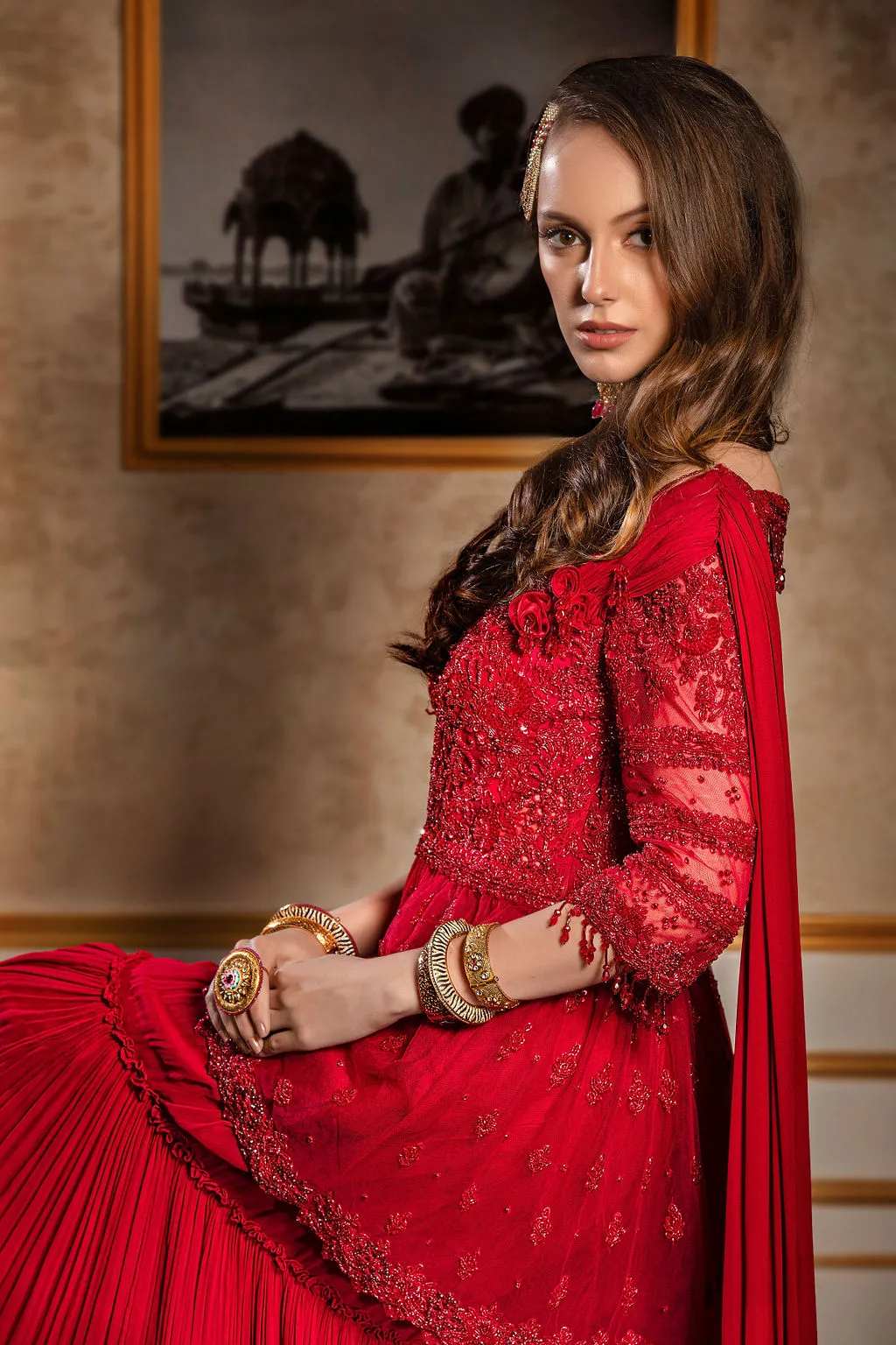 Red Tone to Tone Embroidered Peplum/Sharara