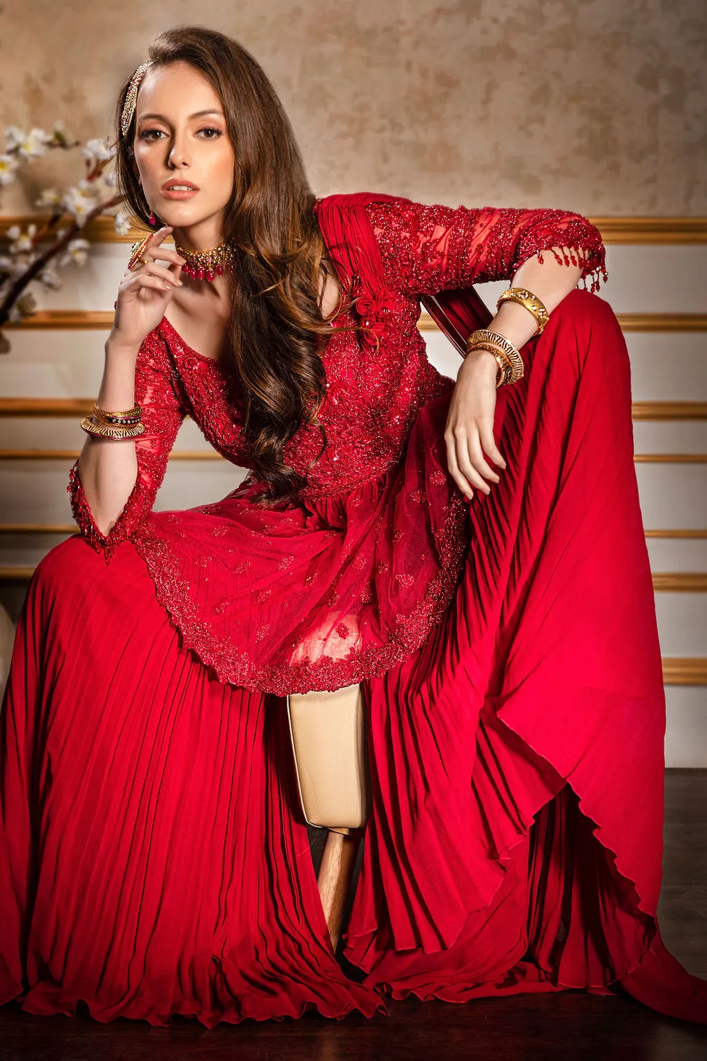 Red Tone to Tone Embroidered Peplum/Sharara