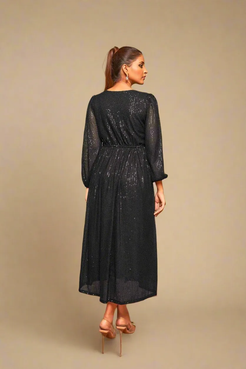 Rich Black Sequin Cocktail Dress | V-Neck Flared Elegance