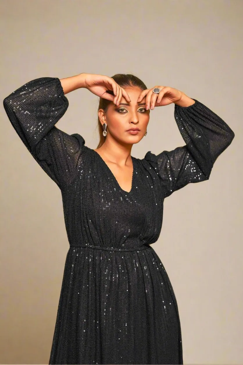 Rich Black Sequin Cocktail Dress | V-Neck Flared Elegance