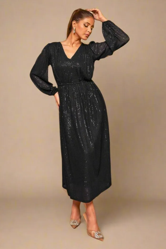 Rich Black Sequin Cocktail Dress | V-Neck Flared Elegance