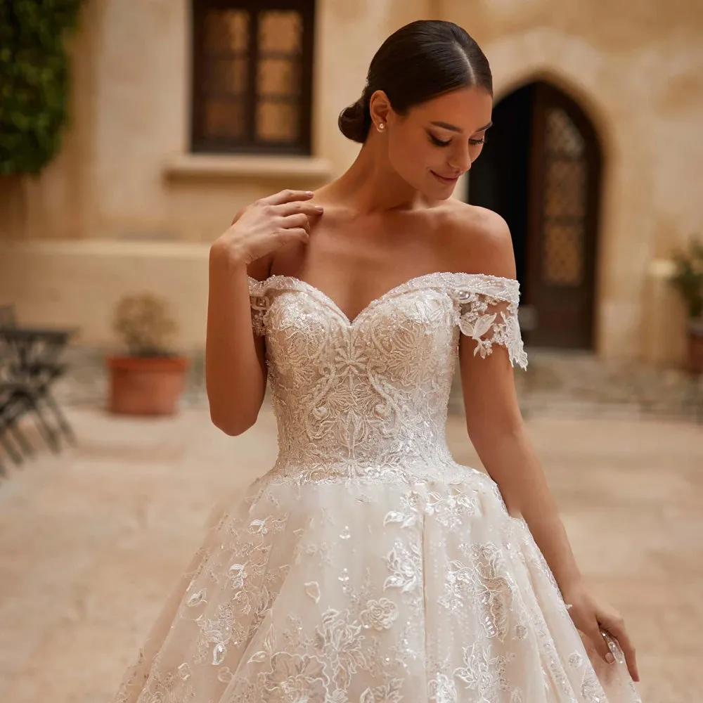 Sexy Boat Neck Backless Lace A-Line Princess Wedding Dresses Luxury Beaded Bridal Gown