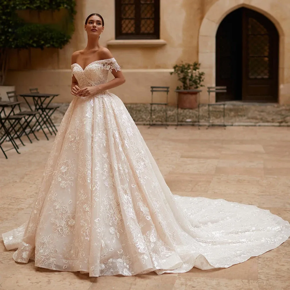 Sexy Boat Neck Backless Lace A-Line Princess Wedding Dresses Luxury Beaded Bridal Gown