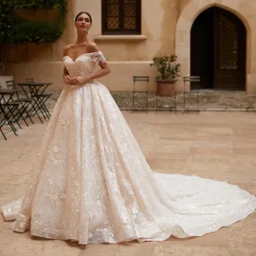 Sexy Boat Neck Backless Lace A-Line Princess Wedding Dresses Luxury Beaded Bridal Gown