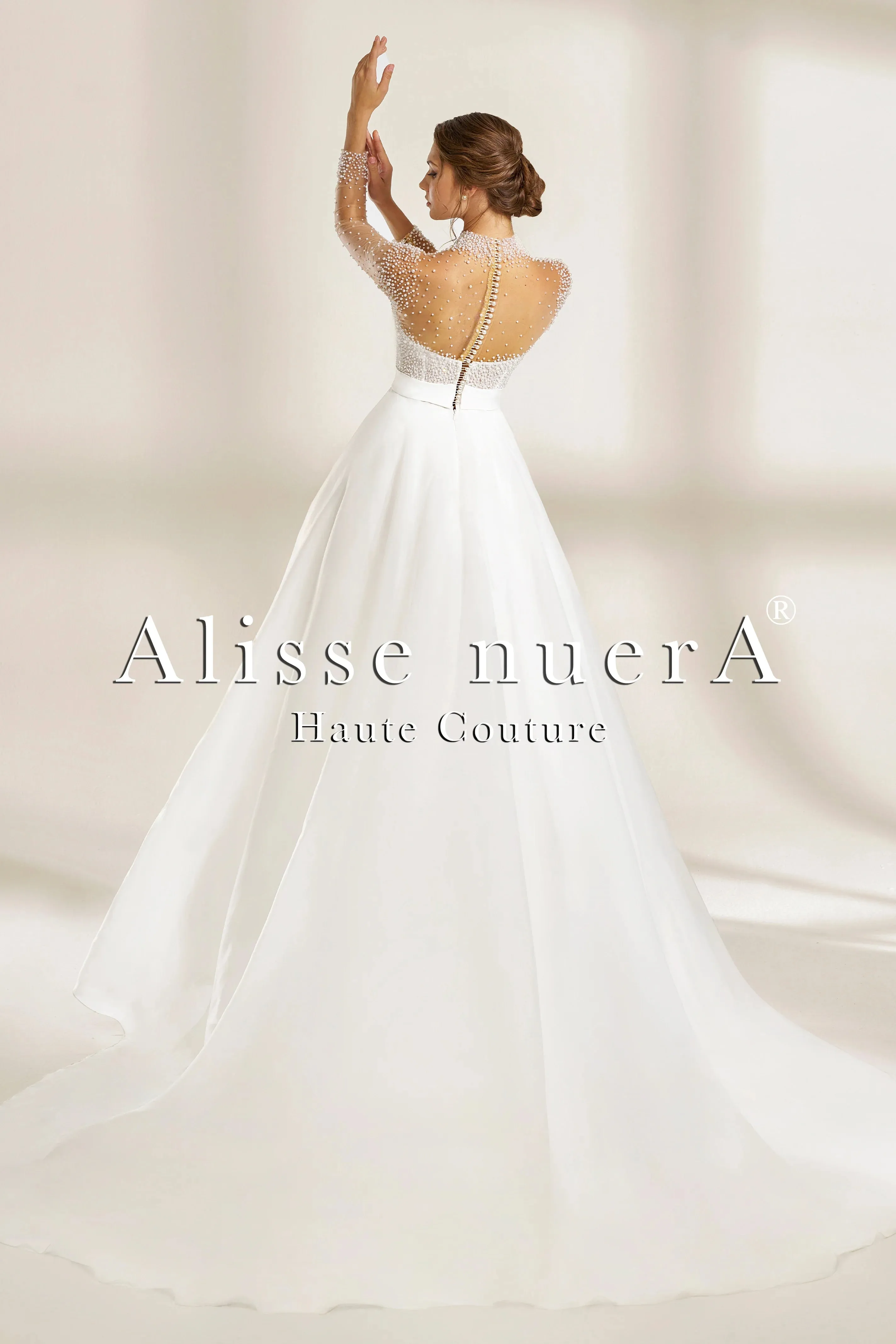 Strapless Organza A-Line Wedding Dress with Pearl-Embellished Illusion Long Sleeves