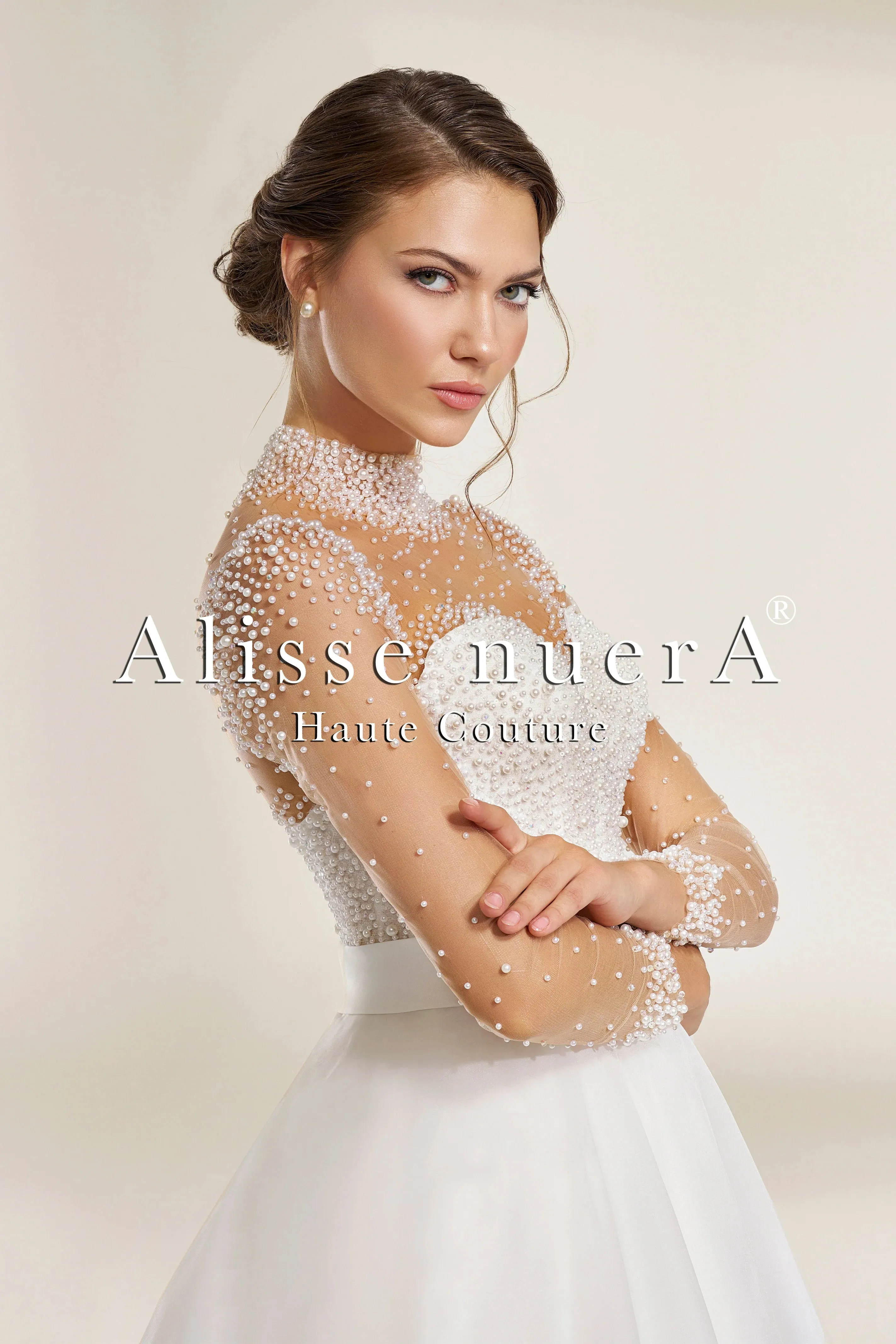 Strapless Organza A-Line Wedding Dress with Pearl-Embellished Illusion Long Sleeves