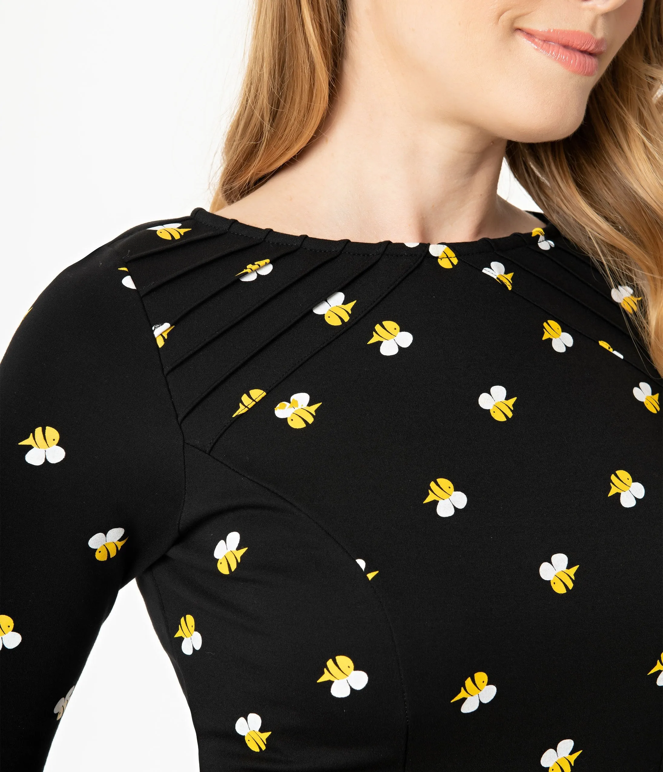 Unique Vintage Black & Yellow Bees Stephanie Fit & Flare Dress