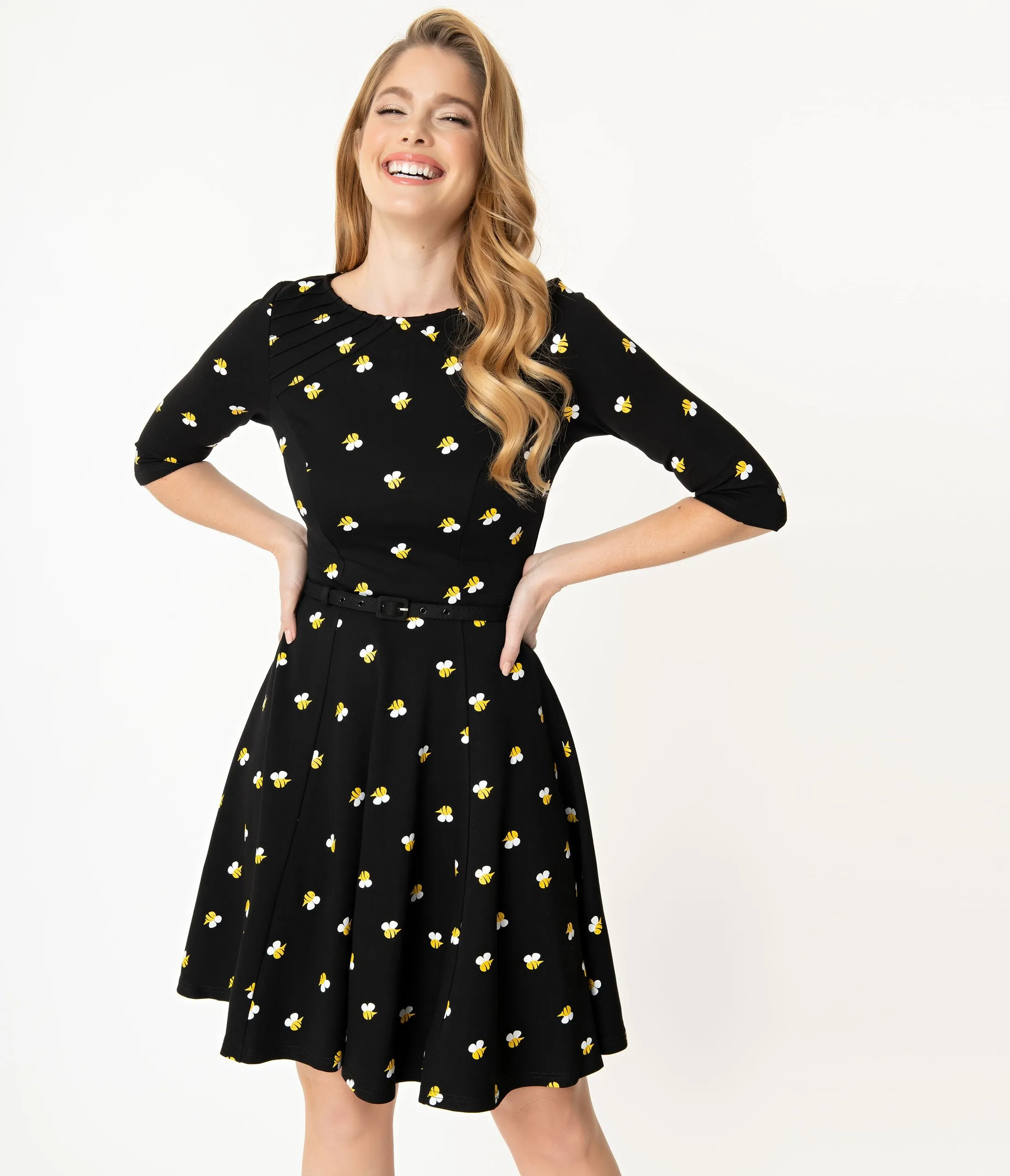 Unique Vintage Black & Yellow Bees Stephanie Fit & Flare Dress
