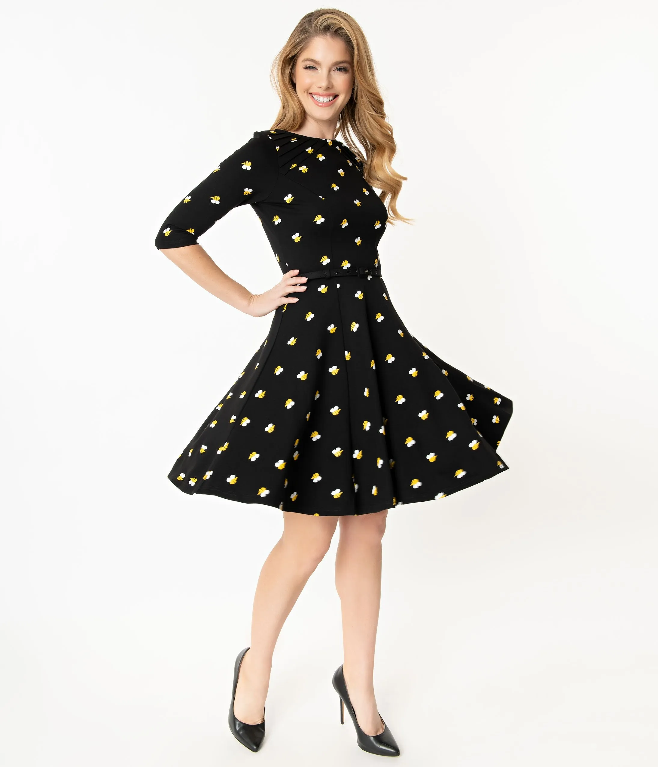 Unique Vintage Black & Yellow Bees Stephanie Fit & Flare Dress
