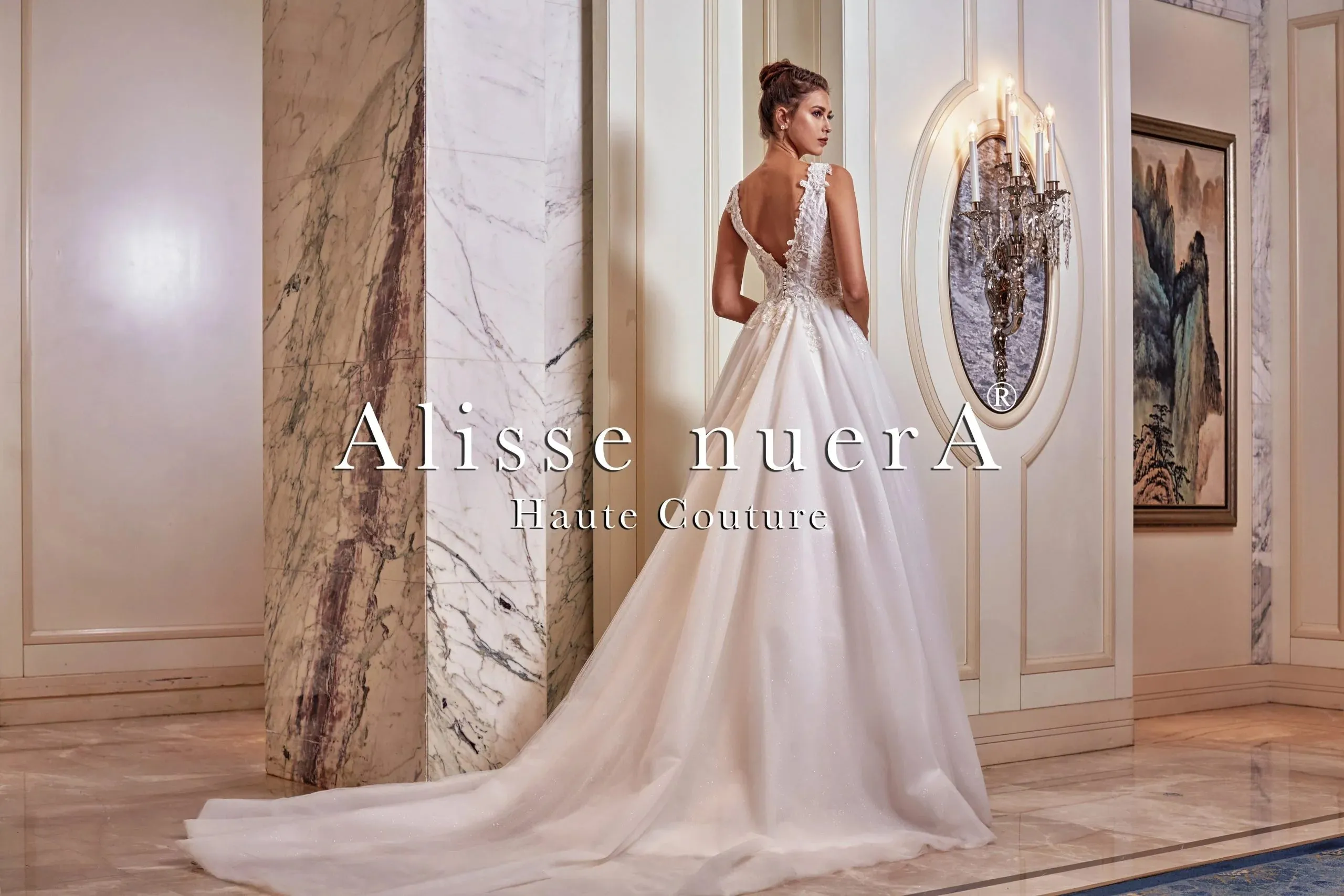 V Neck Floral Scalloped Draped Tulle A Line Off White Bridal Gown