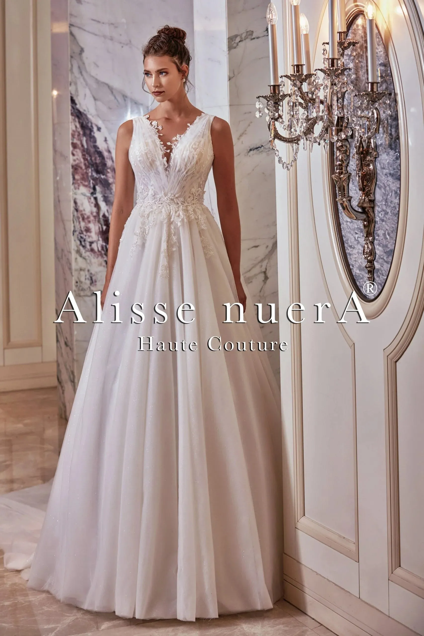 V Neck Floral Scalloped Draped Tulle A Line Off White Bridal Gown