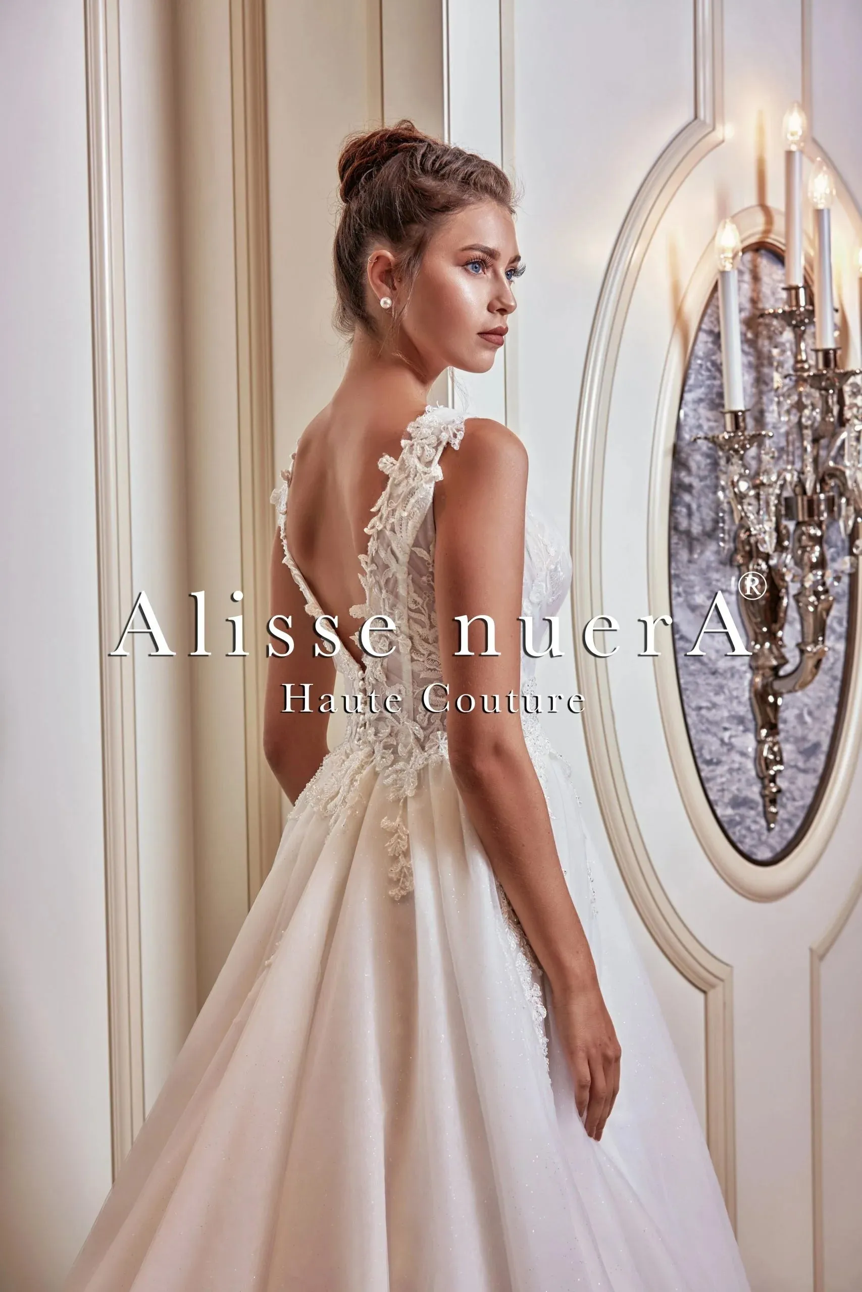 V Neck Floral Scalloped Draped Tulle A Line Off White Bridal Gown