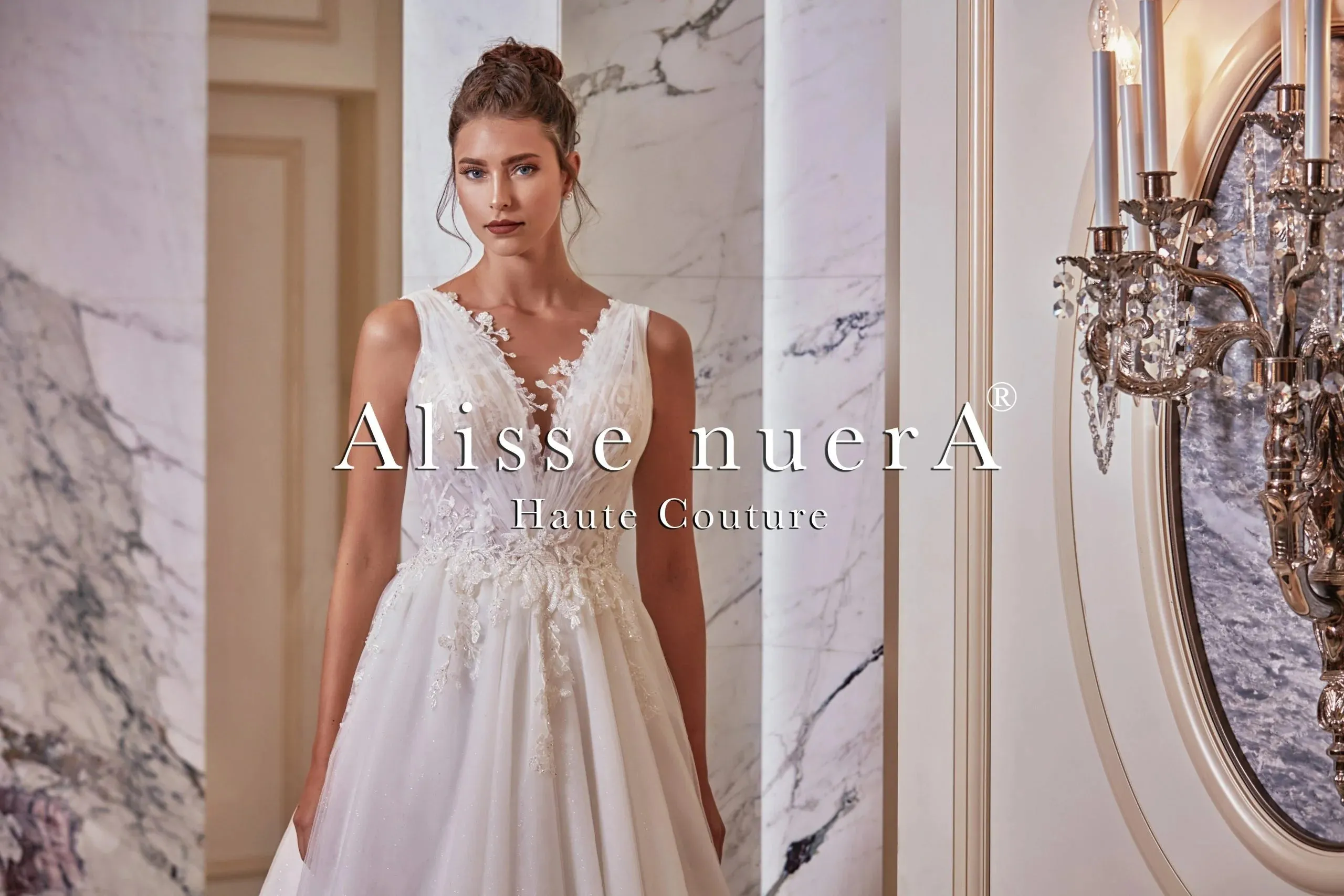 V Neck Floral Scalloped Draped Tulle A Line Off White Bridal Gown