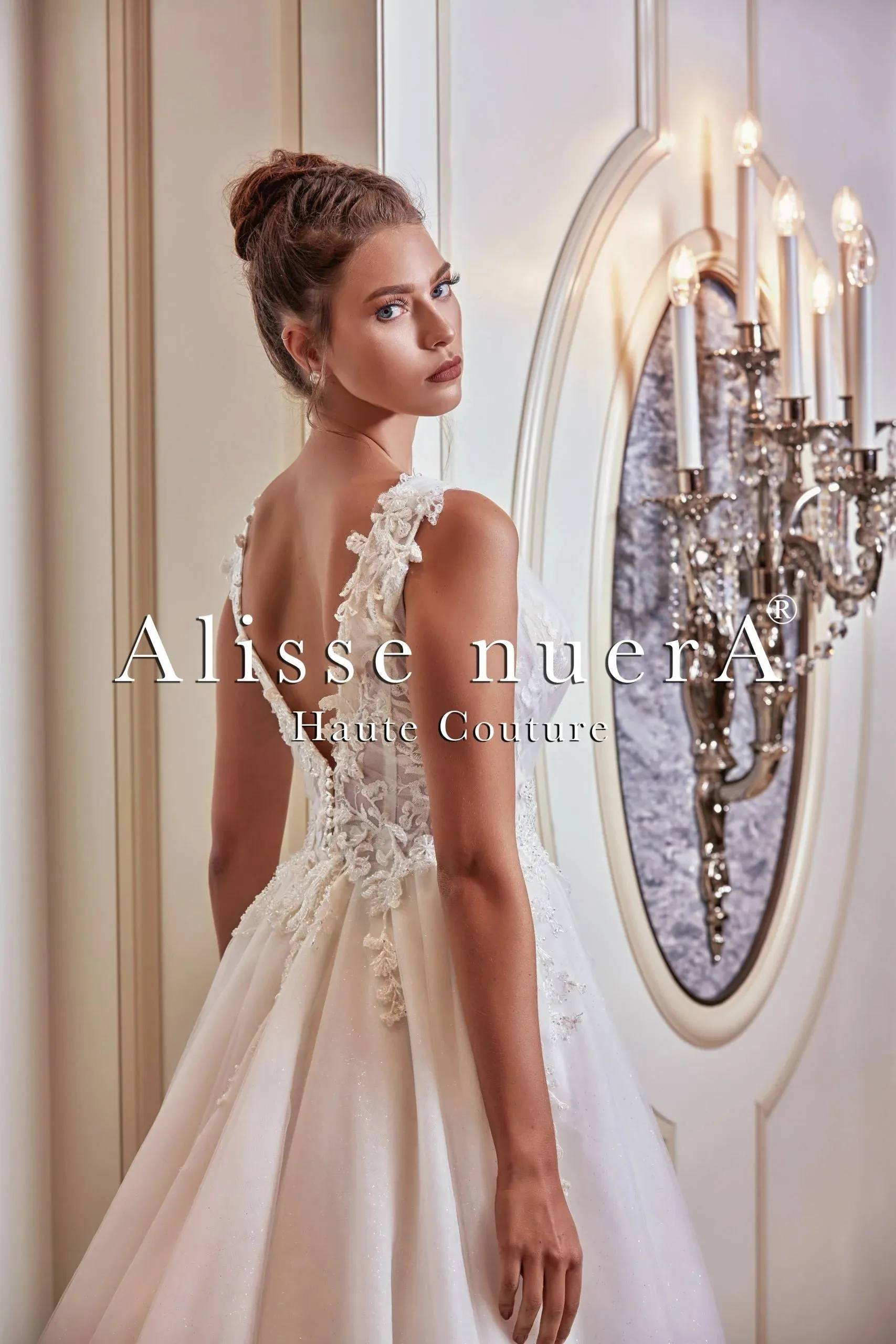 V Neck Floral Scalloped Draped Tulle A Line Off White Bridal Gown