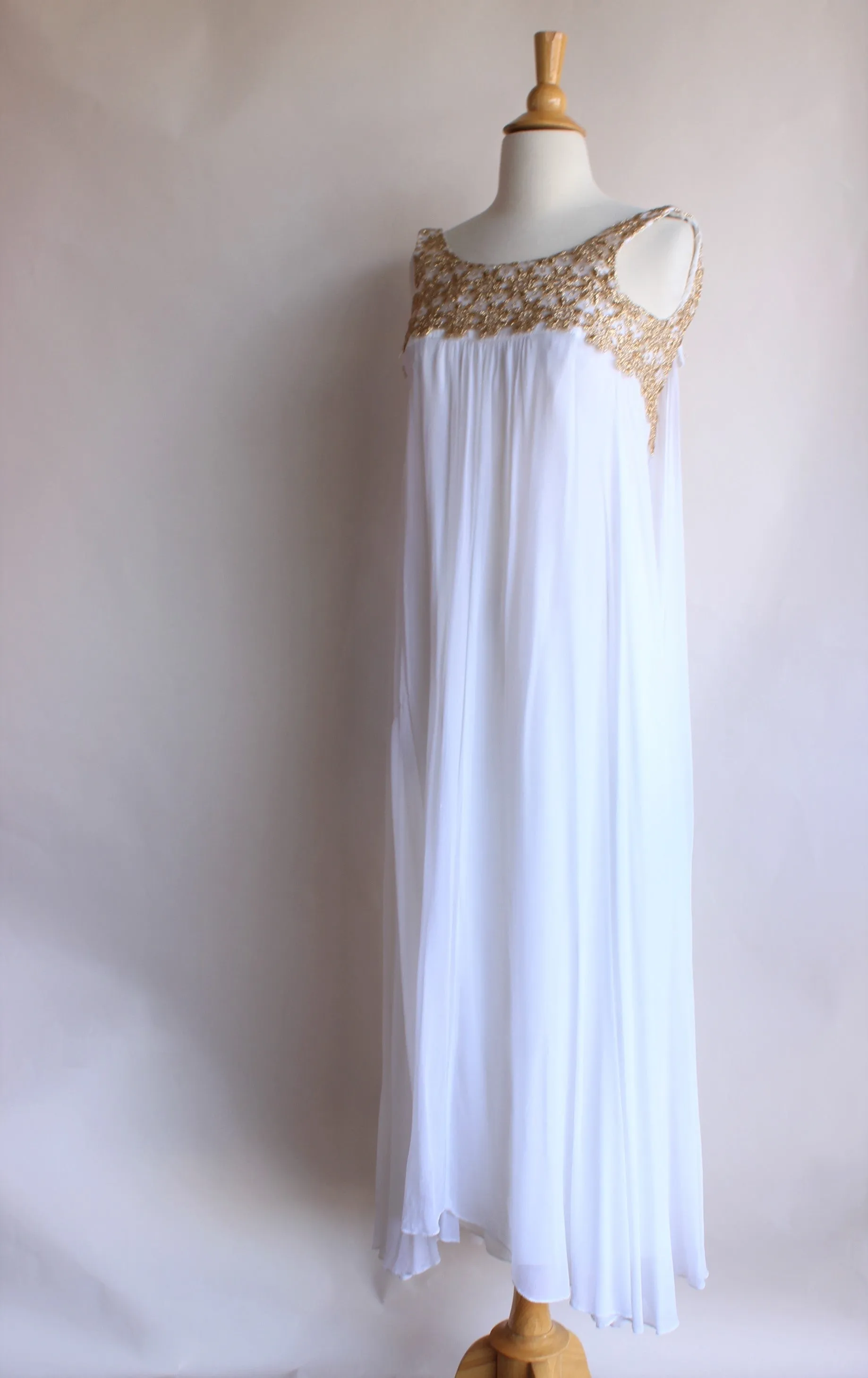 Vintage 1960s White and Gold Chiffon Maxi Dress