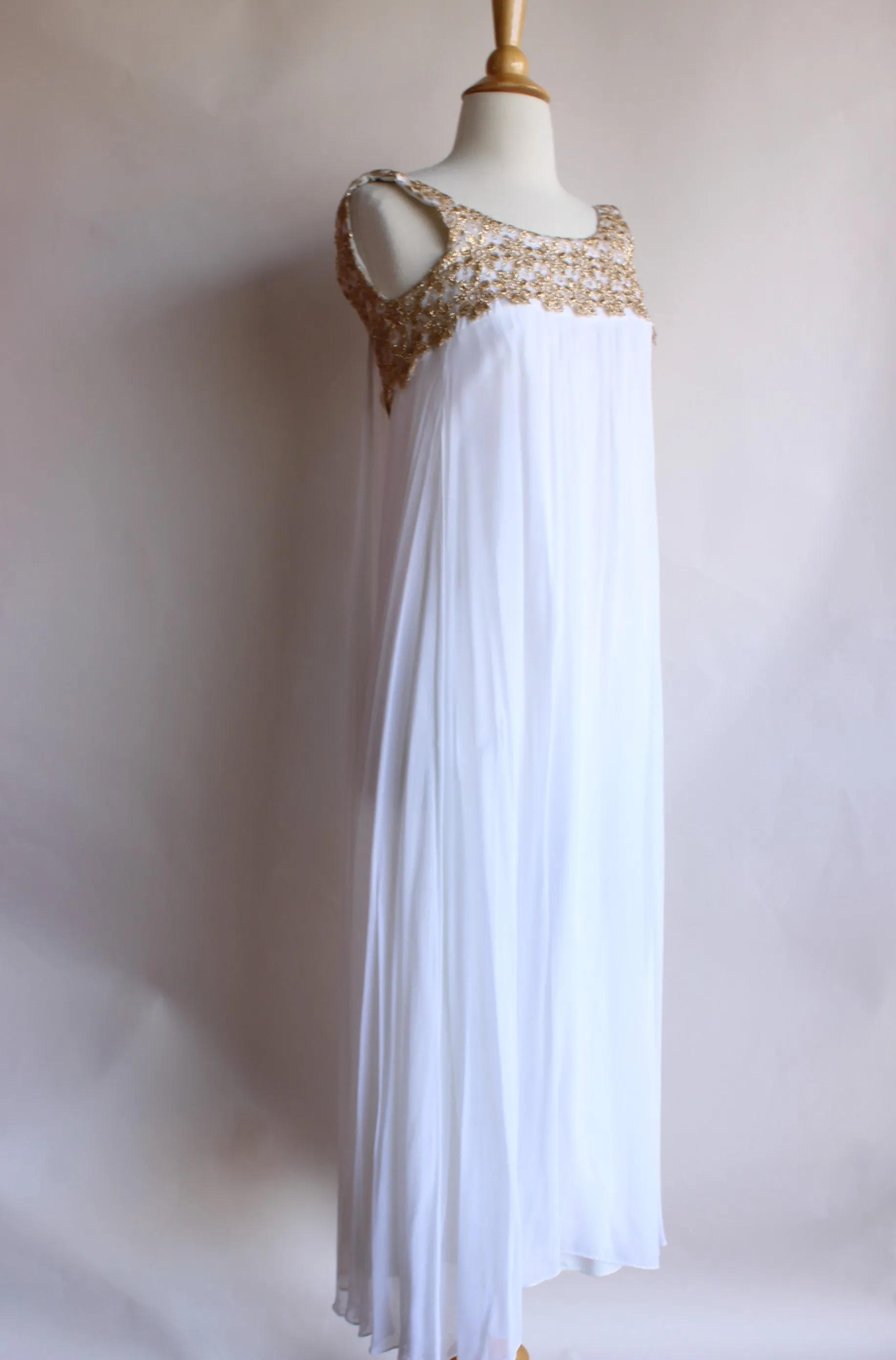 Vintage 1960s White and Gold Chiffon Maxi Dress