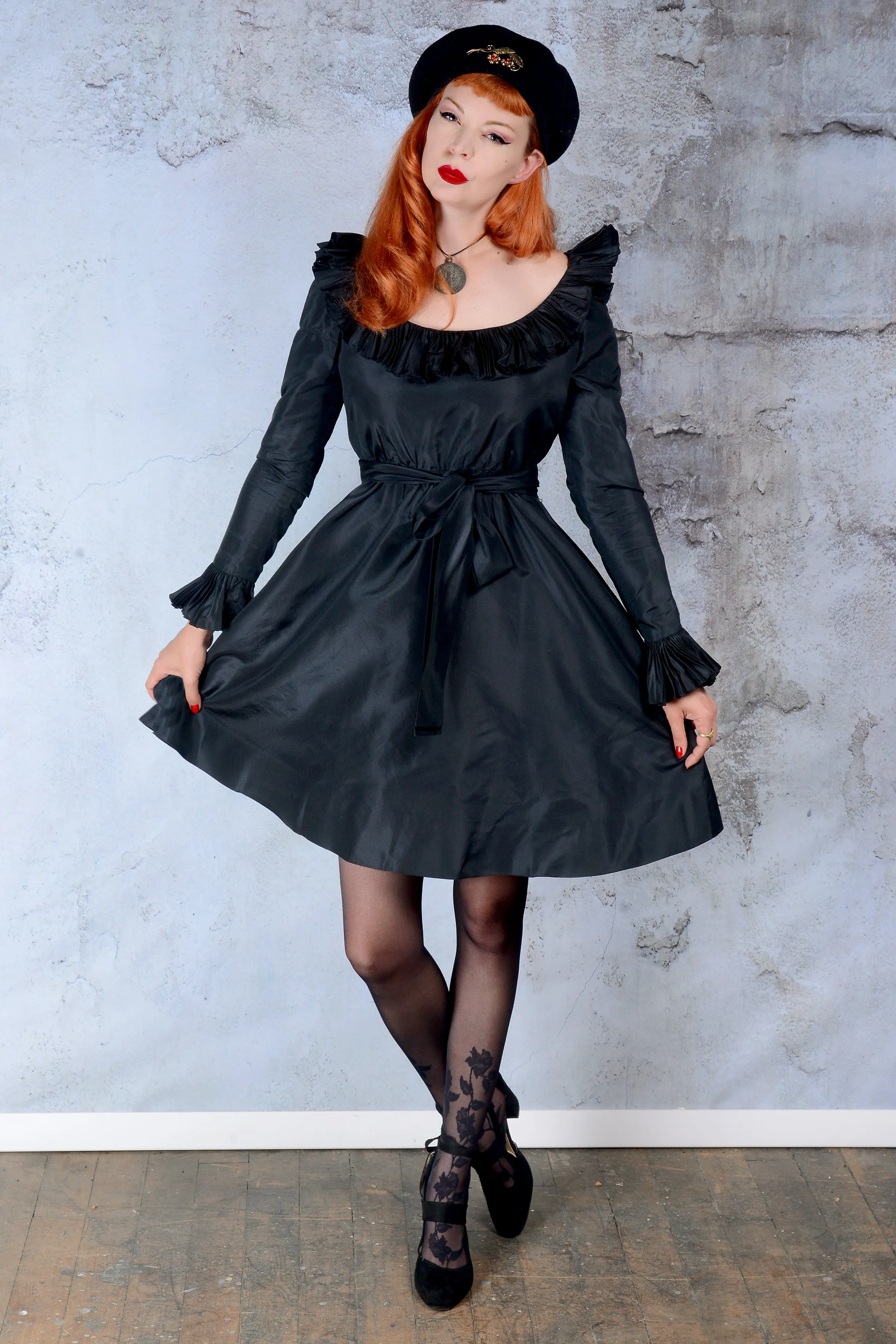 Vintage 1970s Oscar de la Renta Black Ruffle Mini Dress SM