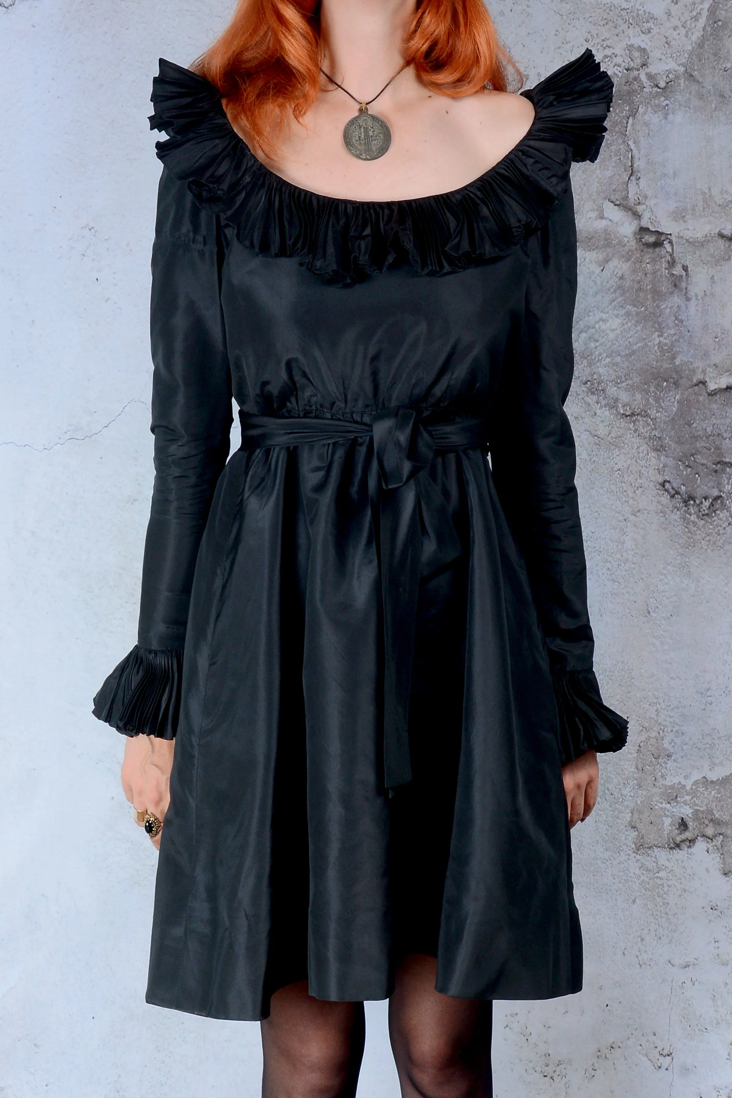 Vintage 1970s Oscar de la Renta Black Ruffle Mini Dress SM