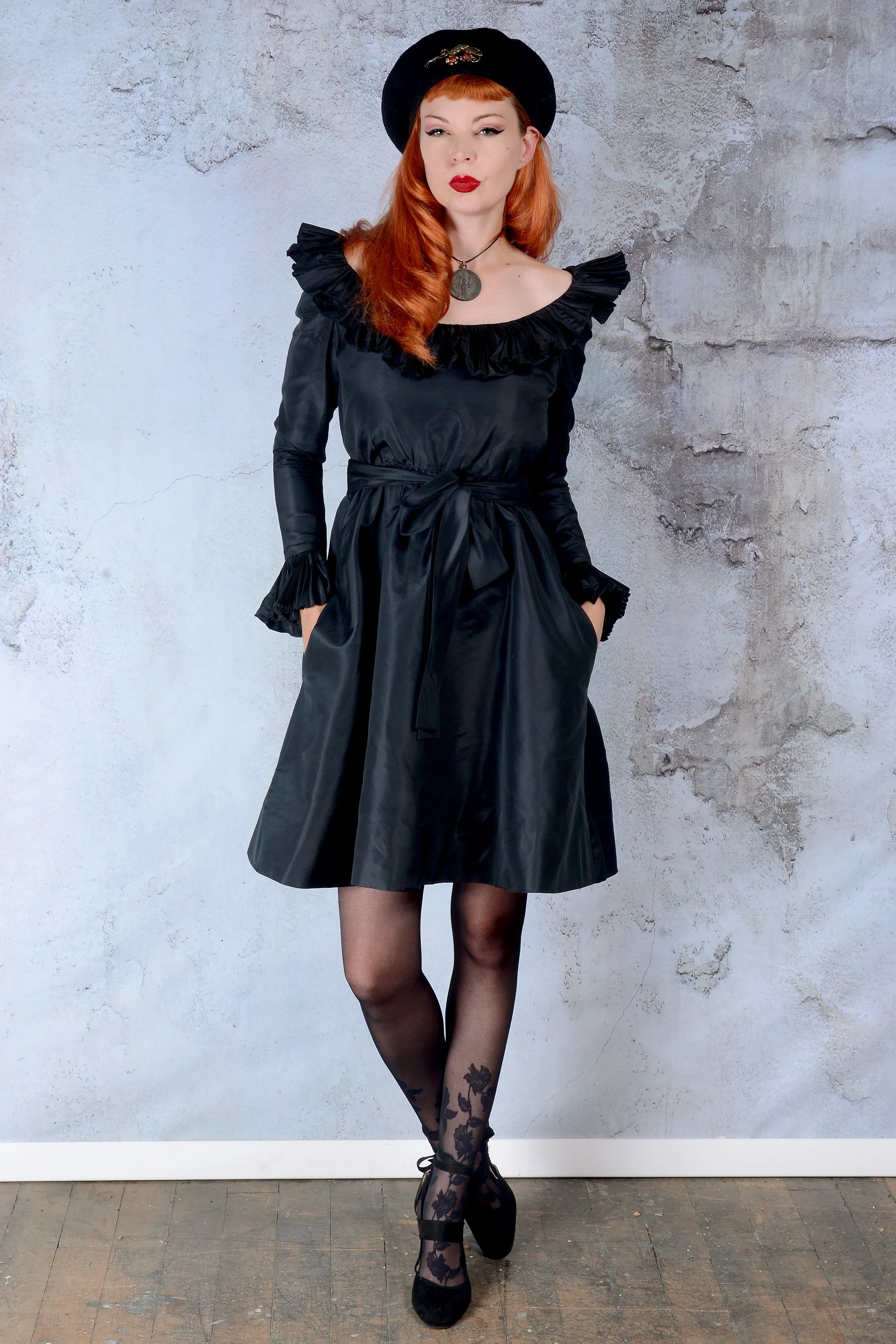 Vintage 1970s Oscar de la Renta Black Ruffle Mini Dress SM