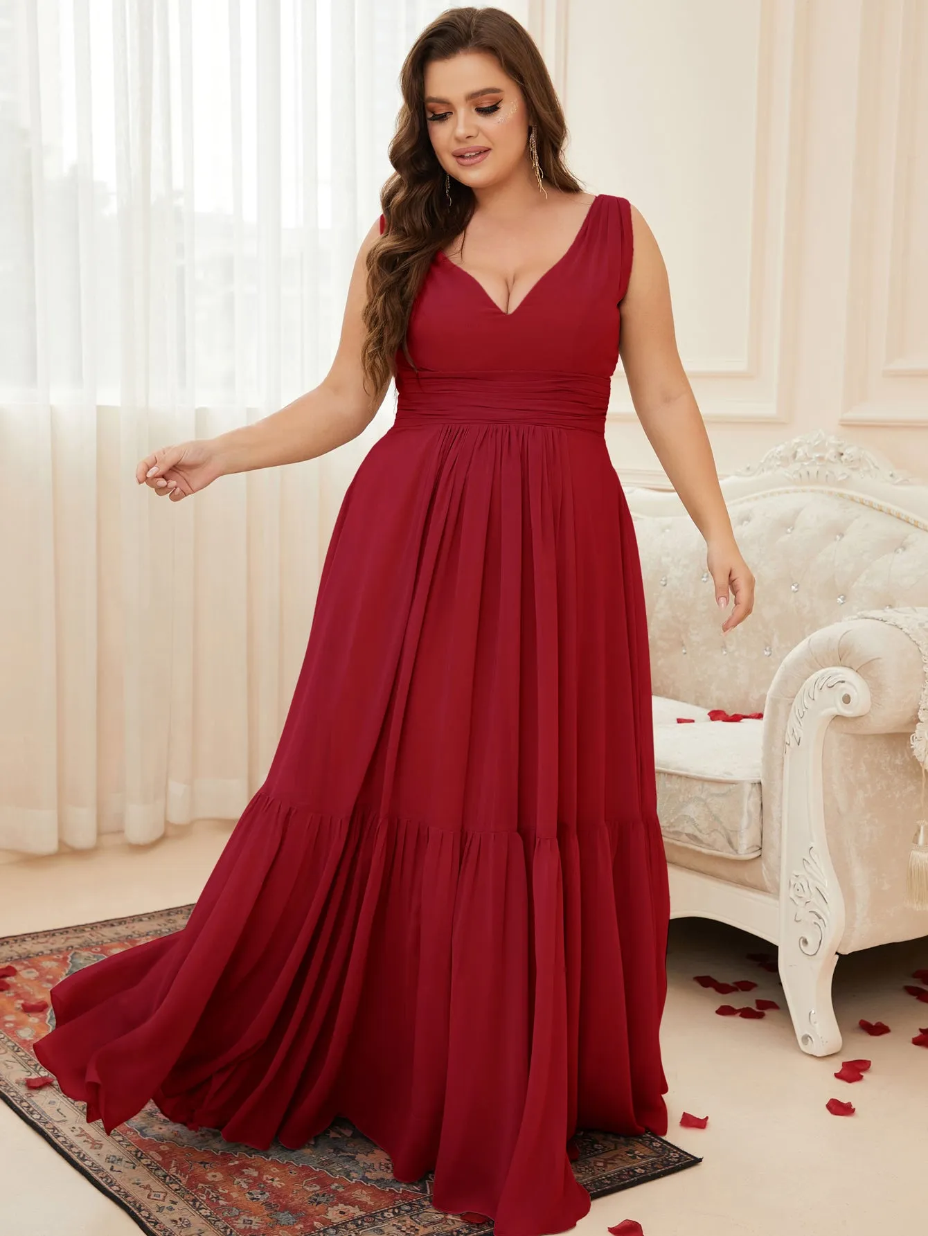 Women Plus Size V-neck Sleeveless Chiffon Long Formal Bridesmaid Dresses