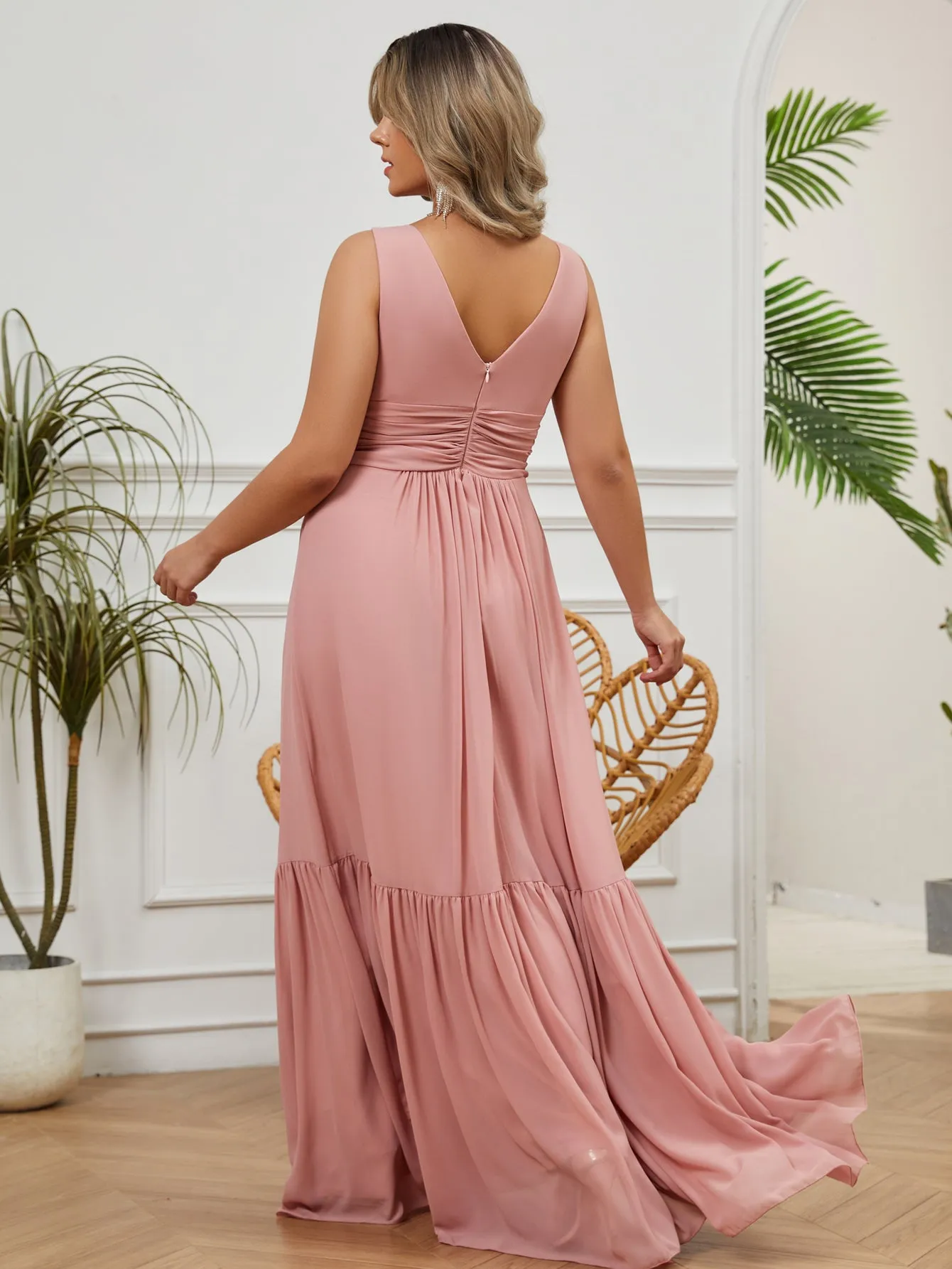 Women Plus Size V-neck Sleeveless Chiffon Long Formal Bridesmaid Dresses
