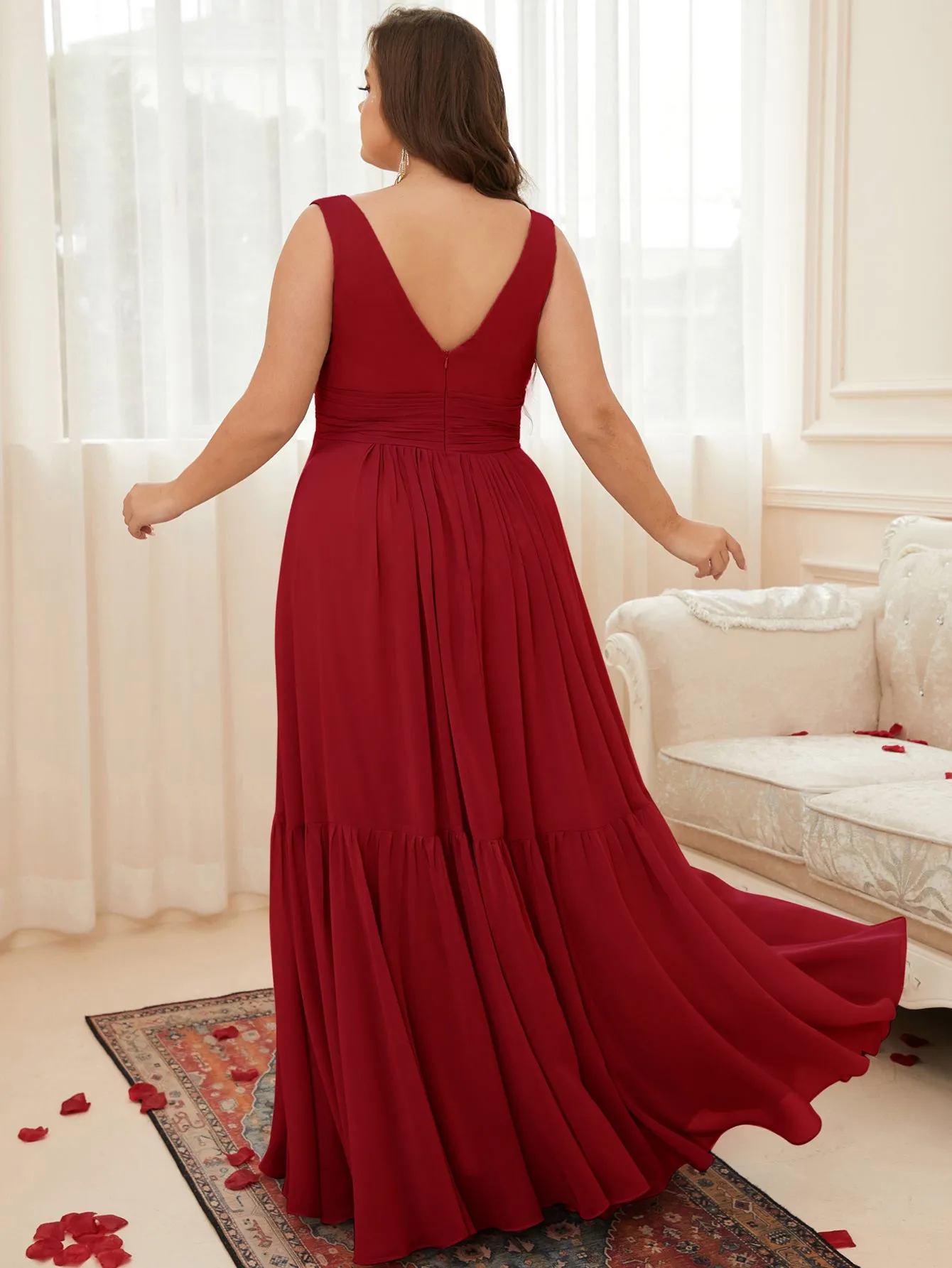 Women Plus Size V-neck Sleeveless Chiffon Long Formal Bridesmaid Dresses