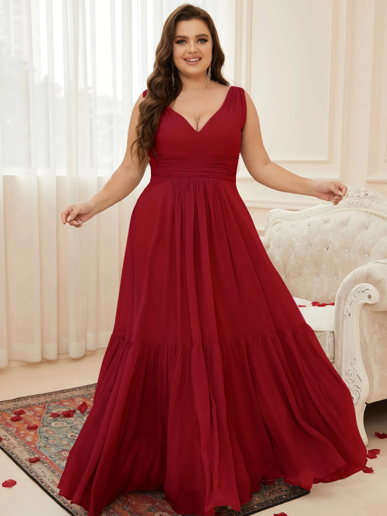 Women Plus Size V-neck Sleeveless Chiffon Long Formal Bridesmaid Dresses