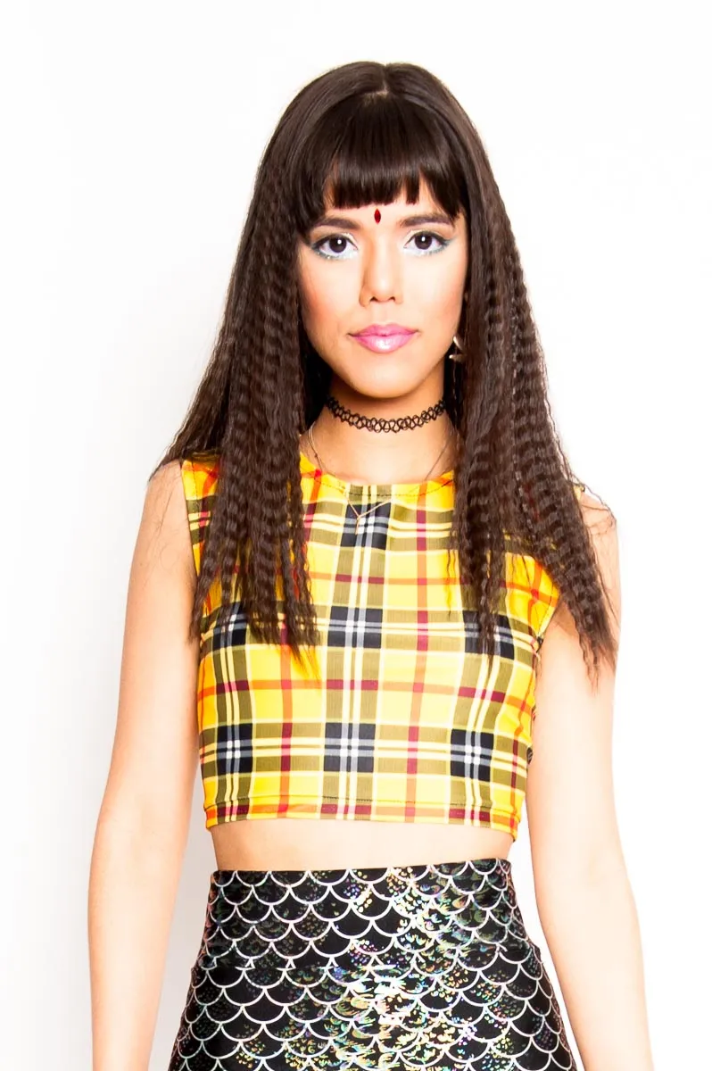Yellow Plaid Crew Neck Crop Top